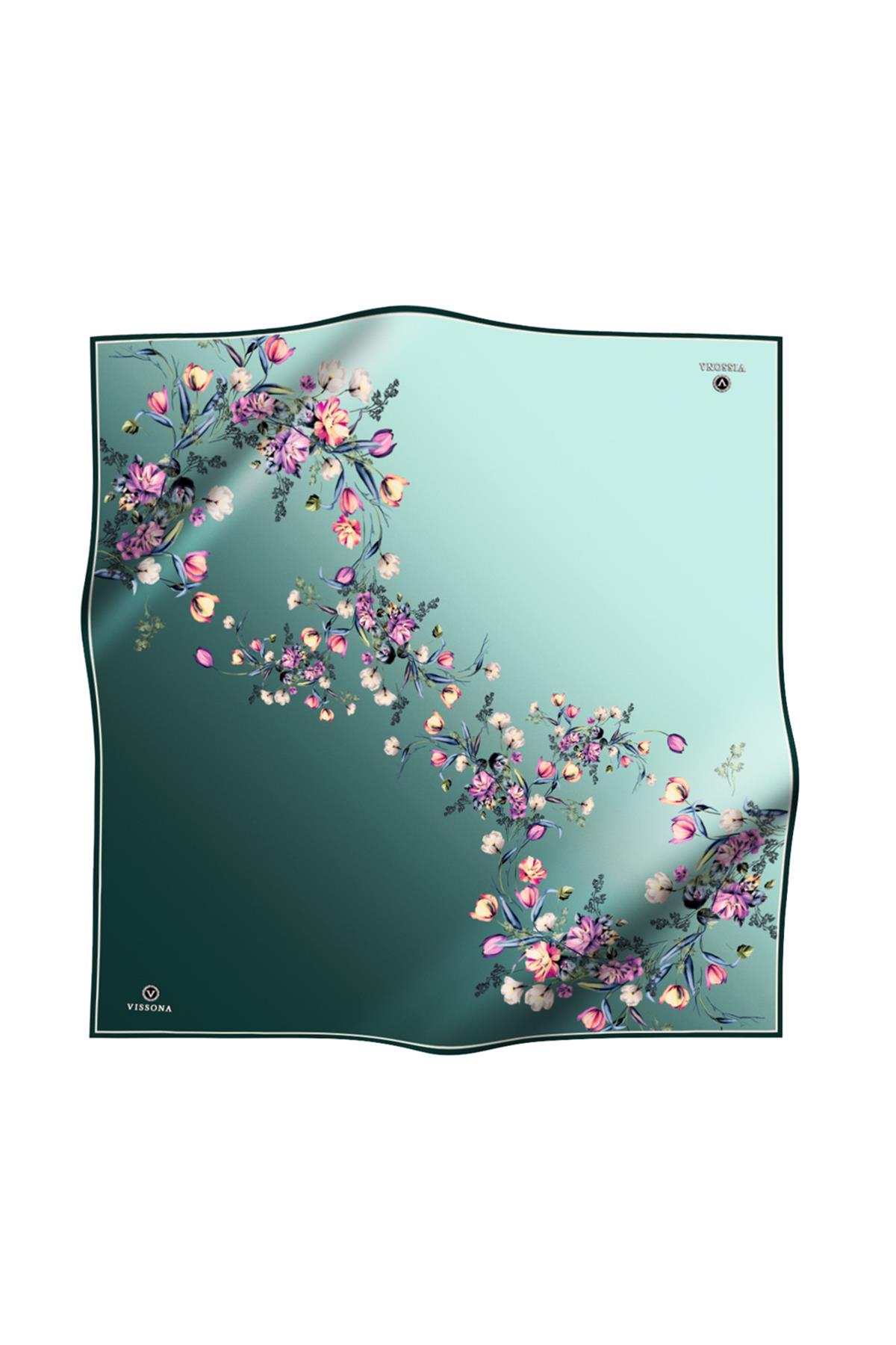 %100 Twill İpek Sonsuz Çiçek Desenli Mint Yeşili Renkli 90x90 Eşarp Dikim Şekli : El Dikişi