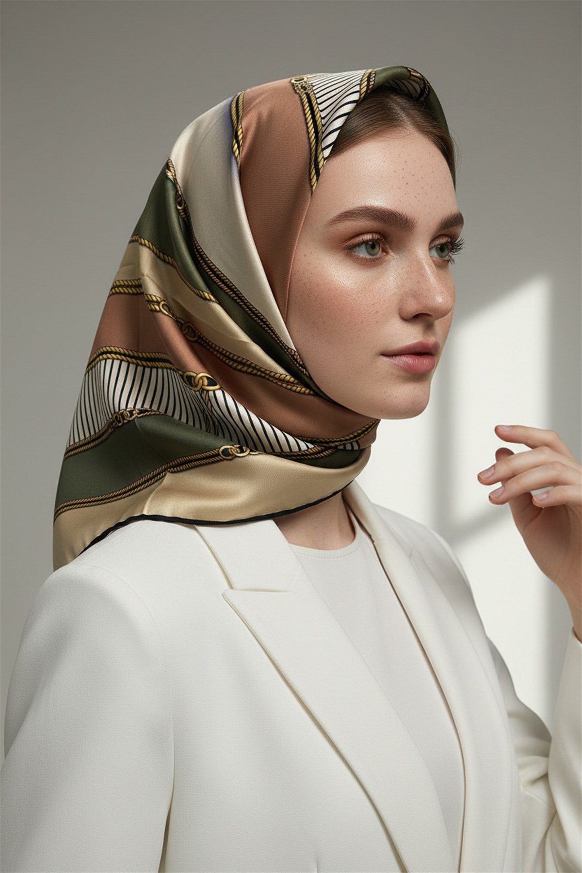 %100 Twill İpek Zincir Detaylı Geometrik Desenli Haki - Bakır Renkli 90x90 Eşarp Dikim Şekli : El Dikişi