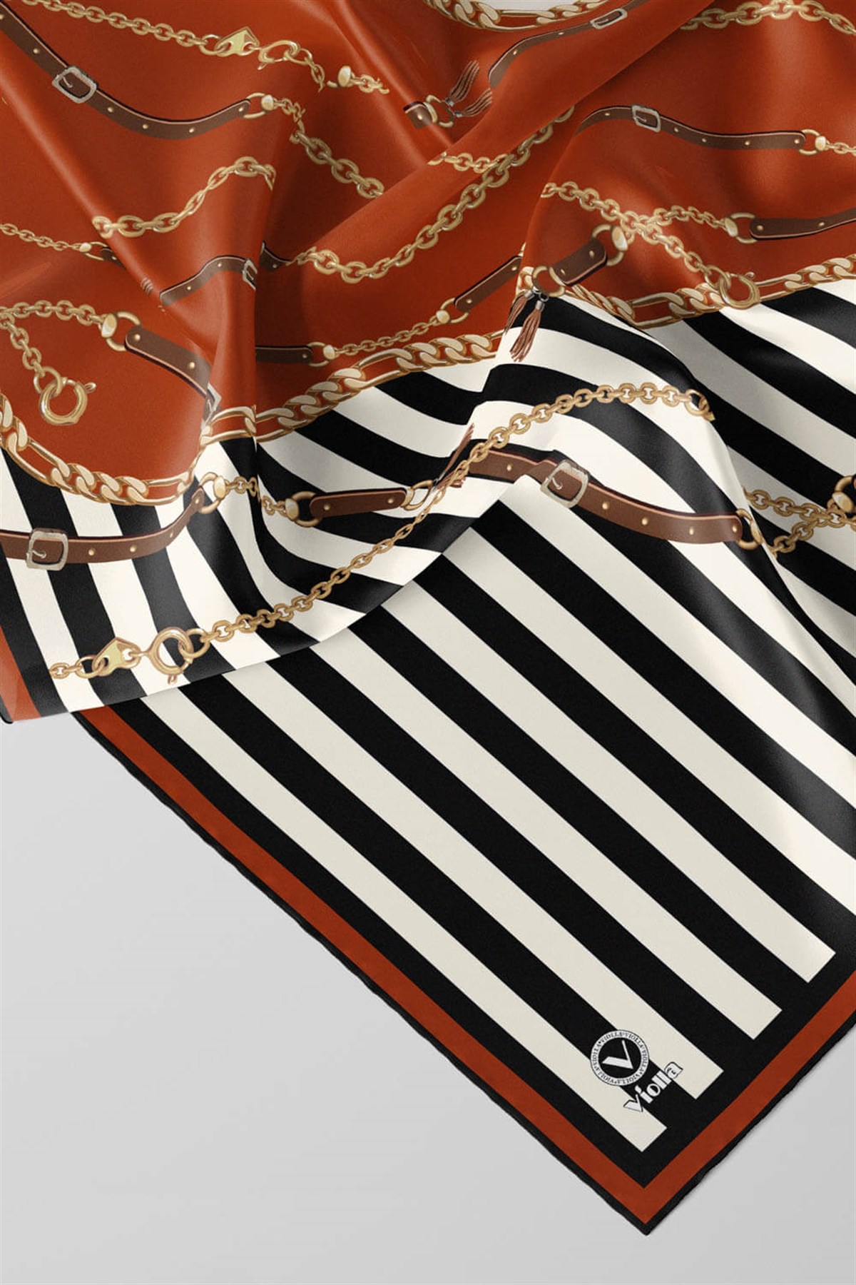 Twill Çizgili Zincir ve Kemer Desenli Taba Renkli 90x90 Eşarp (İpek İçermez) Kenar Dikiş Şekli El Dikişli