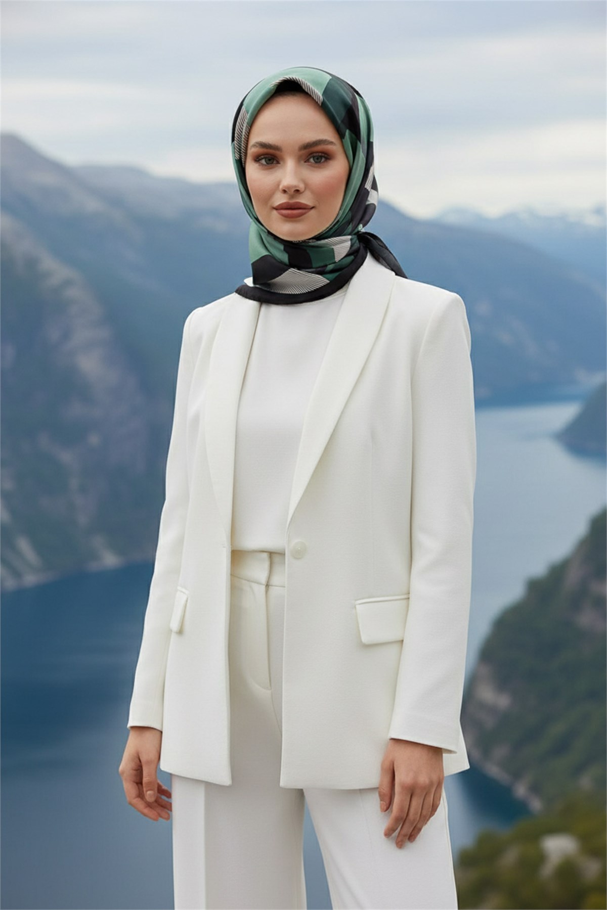 %100 Twill İpek Eşarp 90x90 Siyah Mint Geometrik Çizgi Desenli El Dikişli Kadın Eşarp