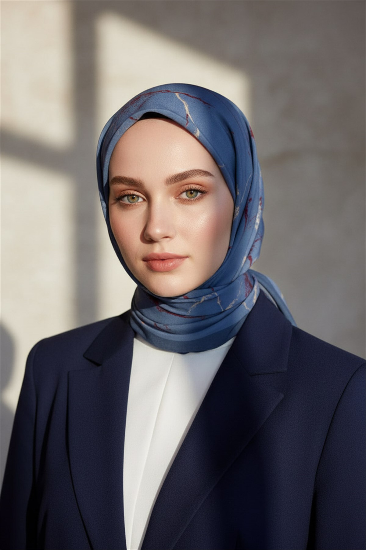 KREP MERMER DESENLİ İNDİGO RENKLİ 75X195 KIRIŞMAZ ŞAL
