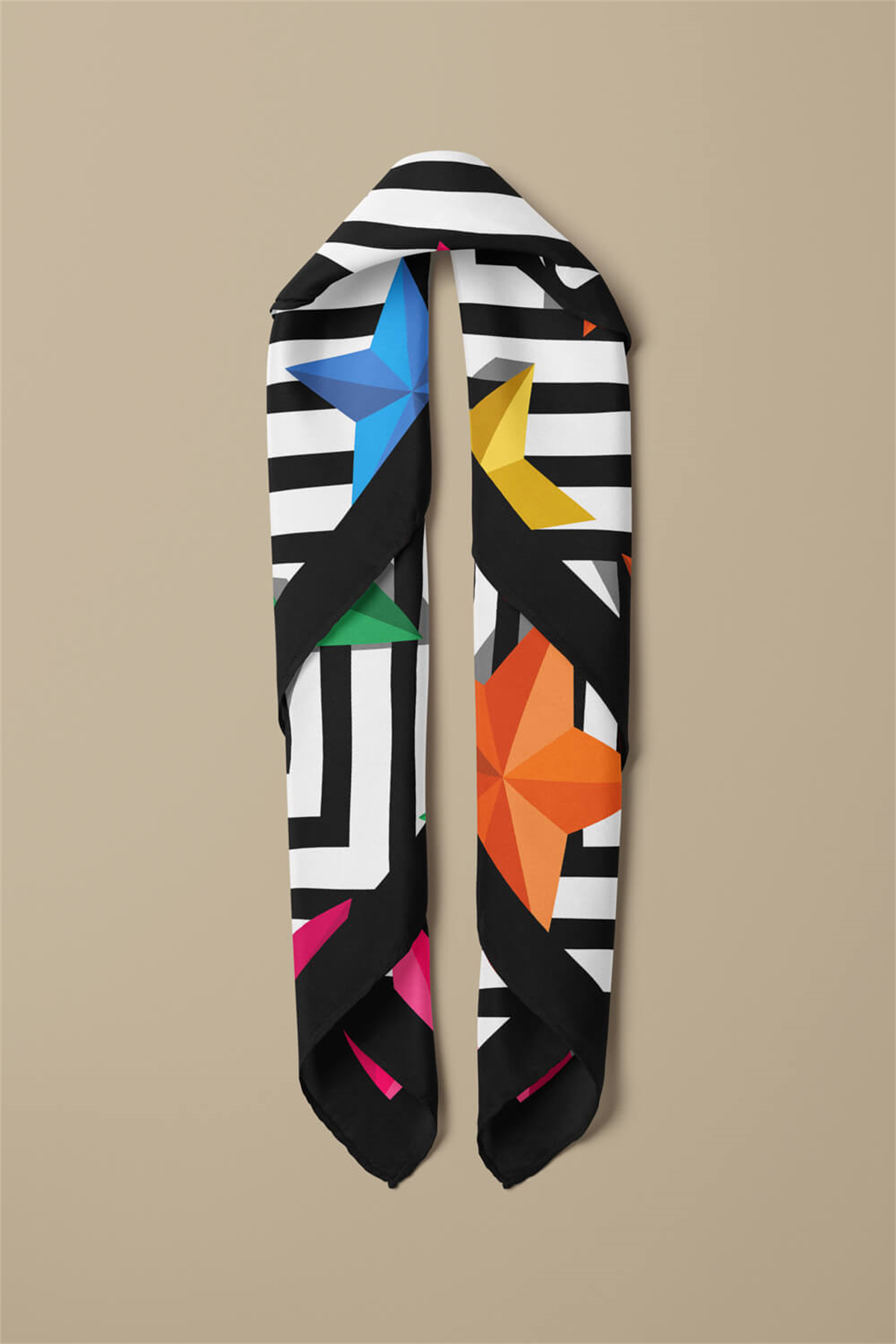 Y68 Kadın Yıldız Desenli Bandana 50x50 Sarı Yeşil DG0343-22