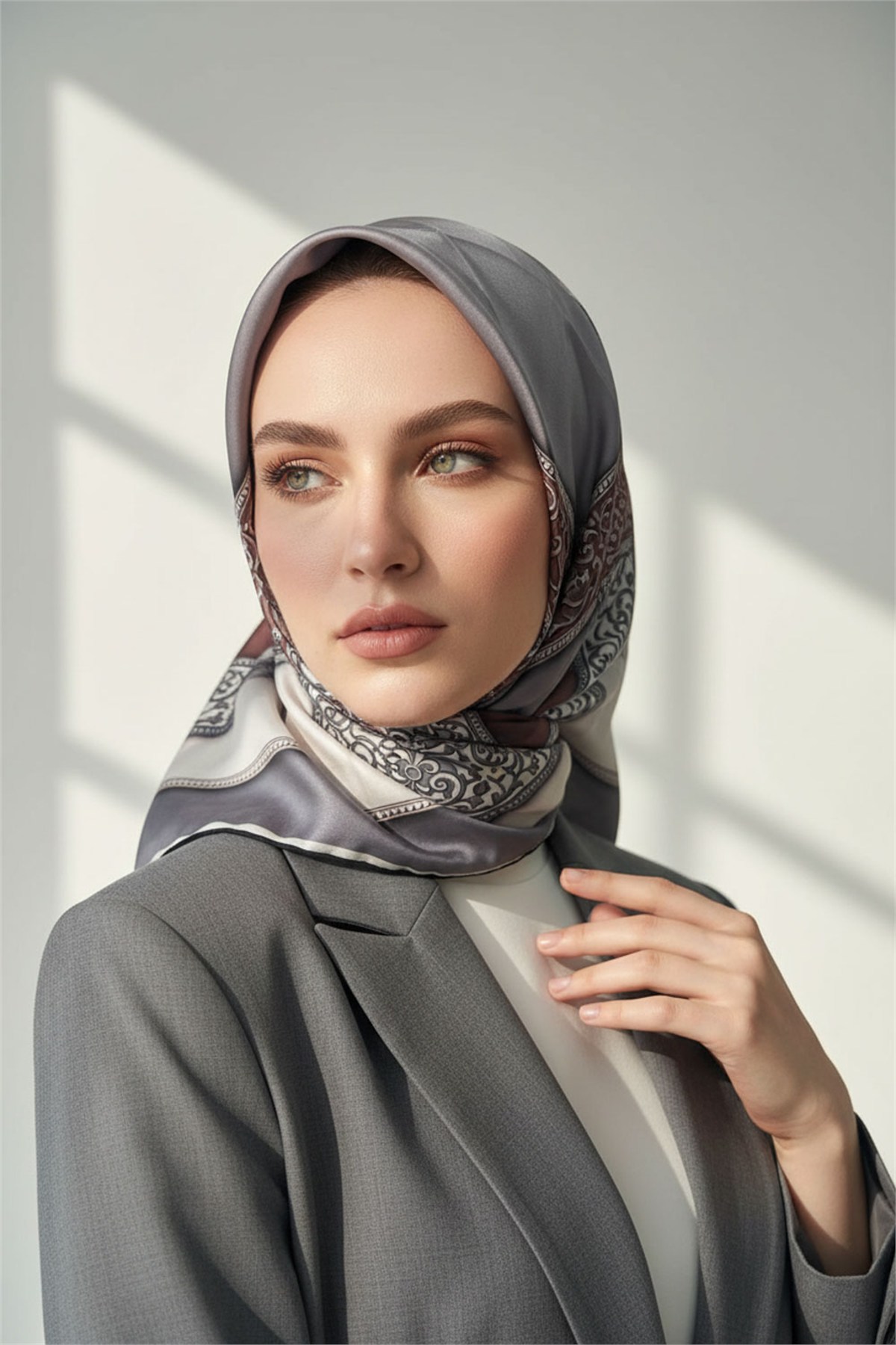 Kristal Geometrik Desenli Gri - Bej Renkli 90x90 Eşarp (İpek İçermez) Kenar Dikiş Şekli El Dikişli
