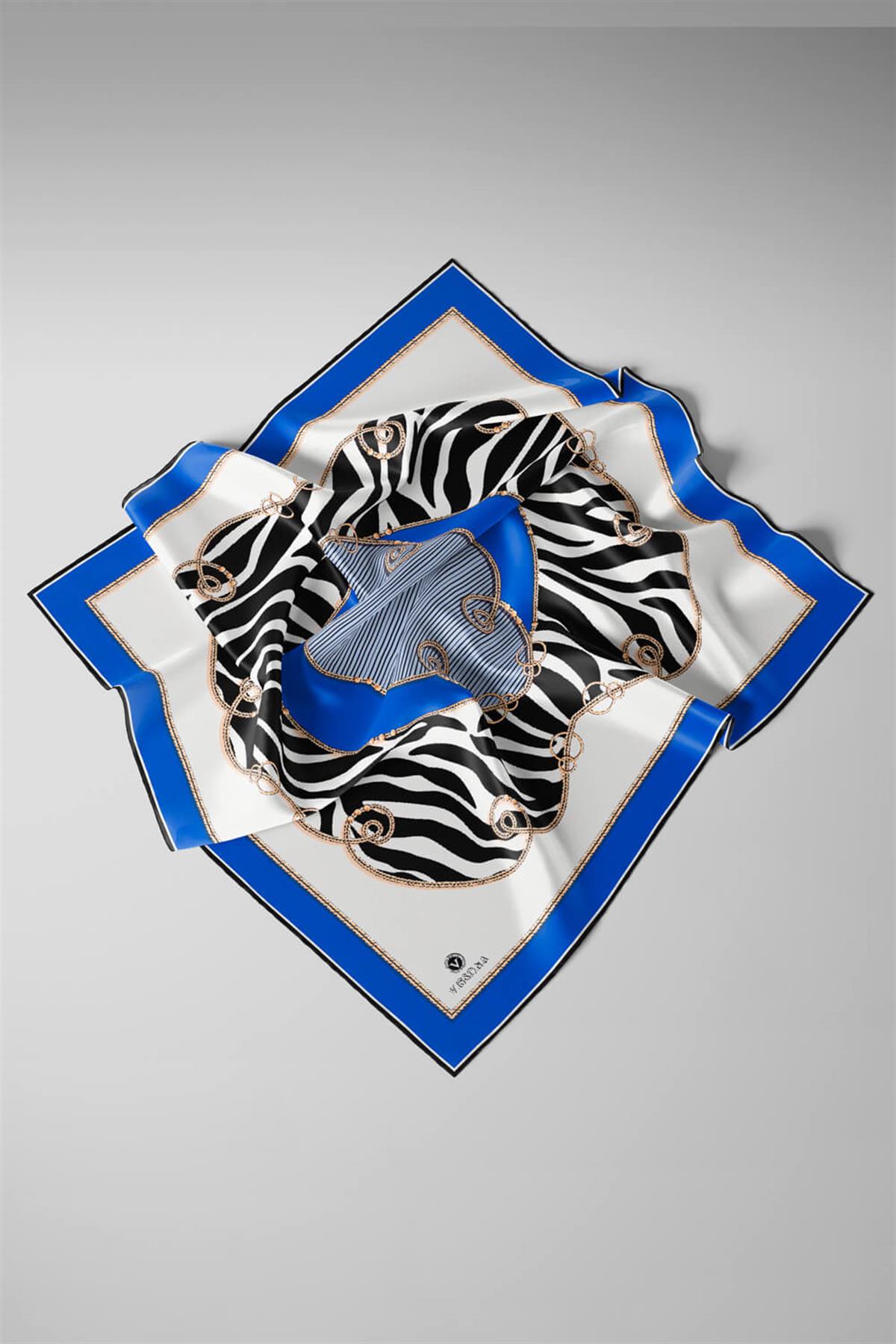 %100 Twill İpek Zincirli Ve Zebra Desenli Saks - Lacivert Renkli 90x90 Eşarp Dikim Şekli : El Dikişi