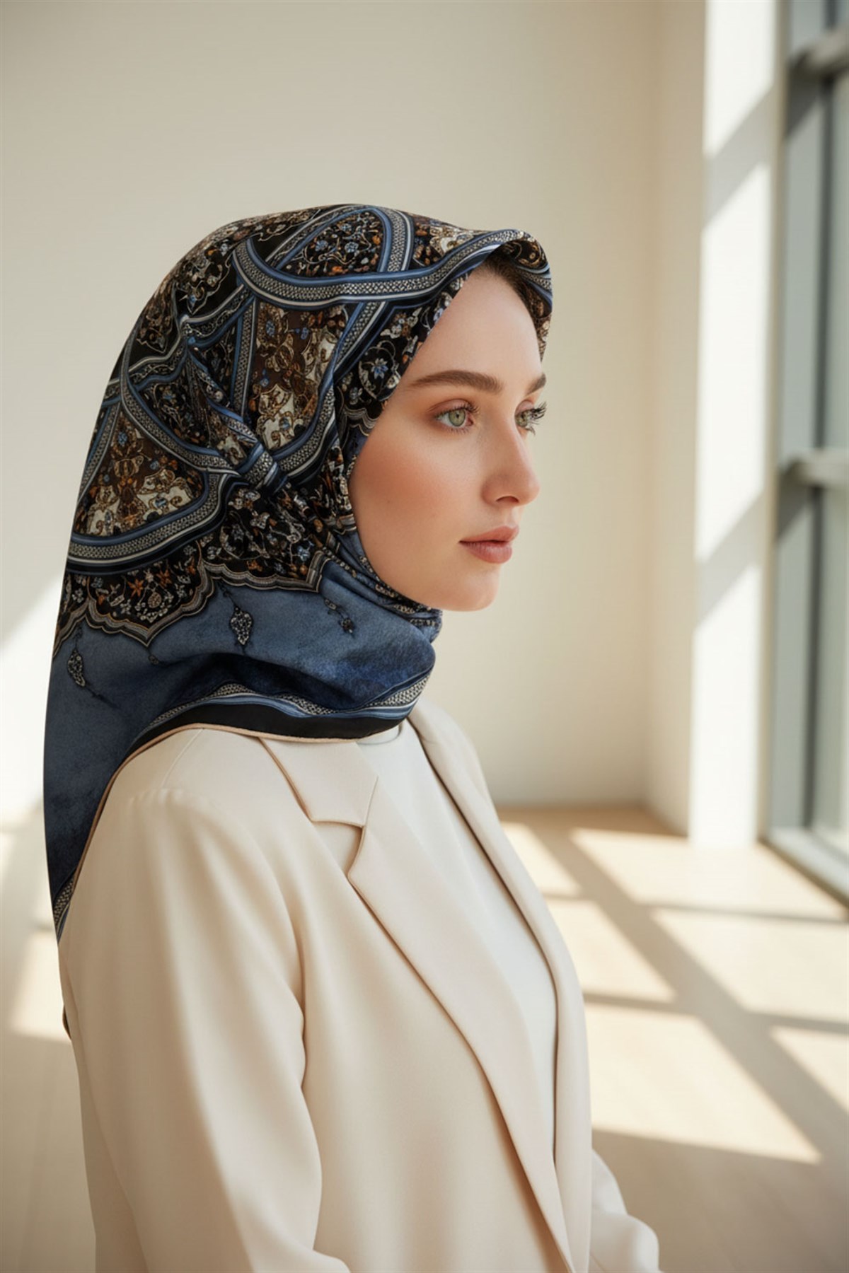 %100 Twill İpek Şal Desenli İndigo - Lacivert Renkli 90x90 Eşarp Dikim Şekli : El Dikişi