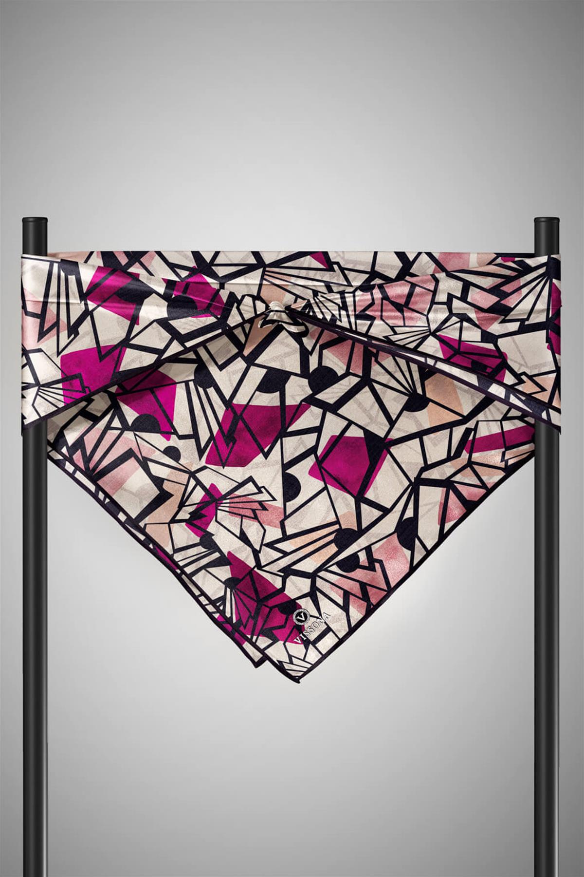 %100 Twill Renkli Petek Desenli Fuşya - Pembe Renkli 90x90 Eşarp Dikim Şekli: El Dikişii