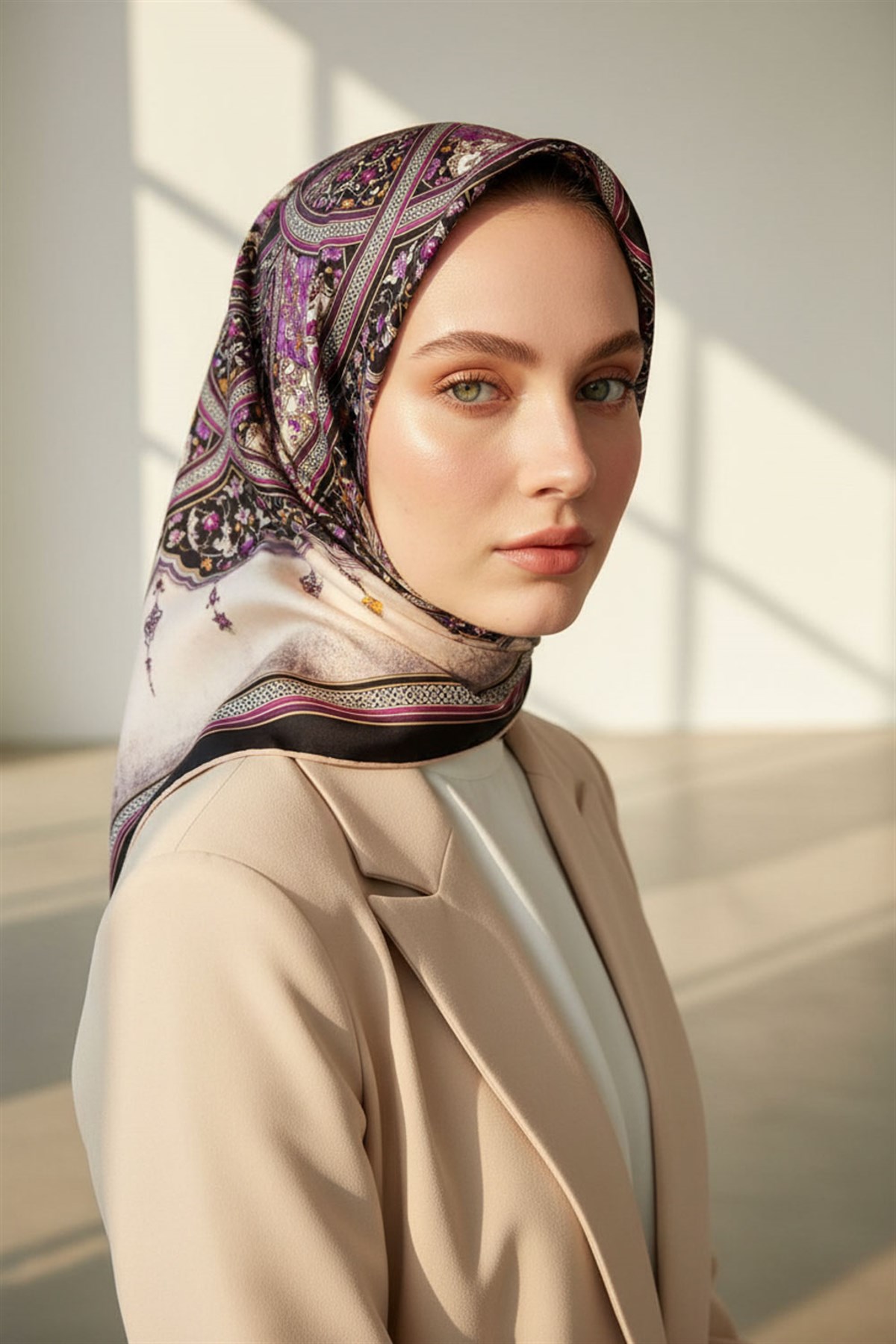 %100 Twill İpek Şal Desenli Siyah - Mürdüm Renkli 90x90 Eşarp Dikim Şekli : El Dikişi