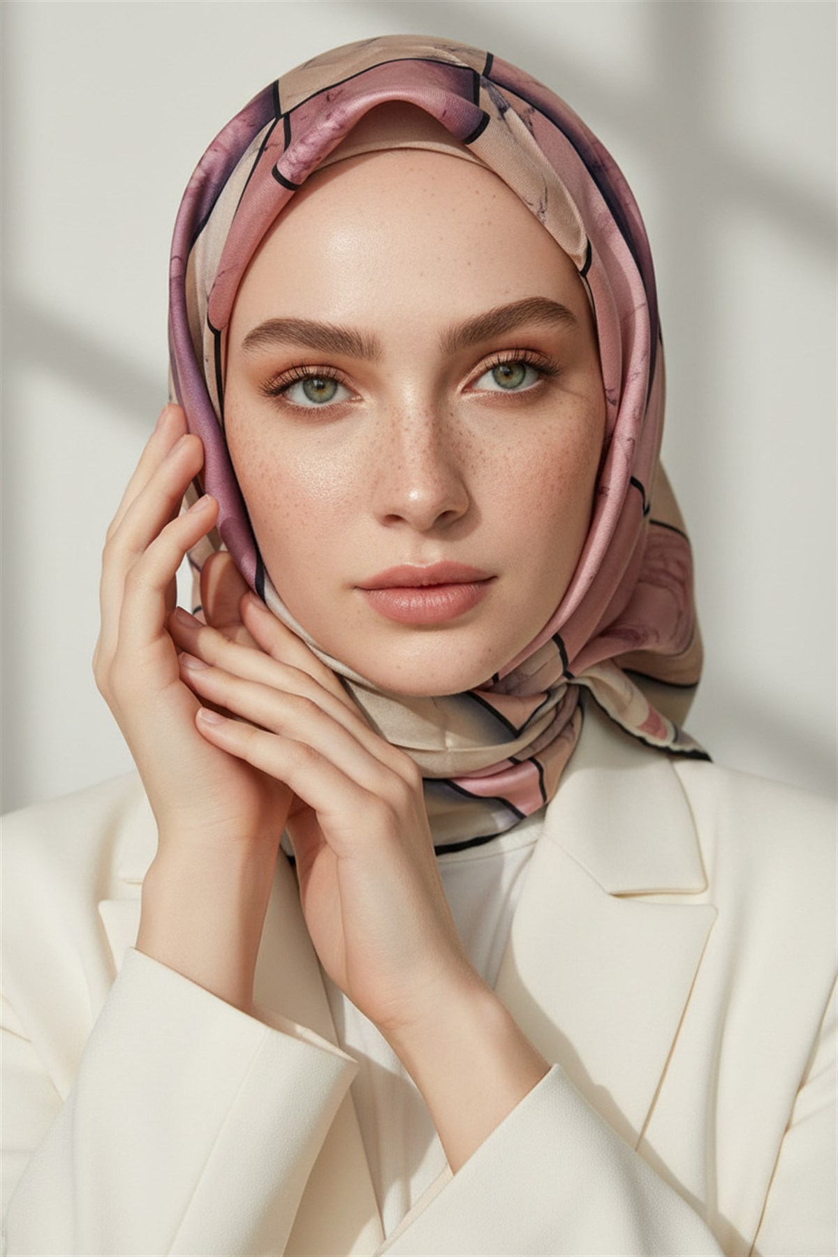 %100 Twill İpek Mermer Desenli Somon - Pudra Renkli 90x90 Eşarp Dikim Şekli : El Dikişi