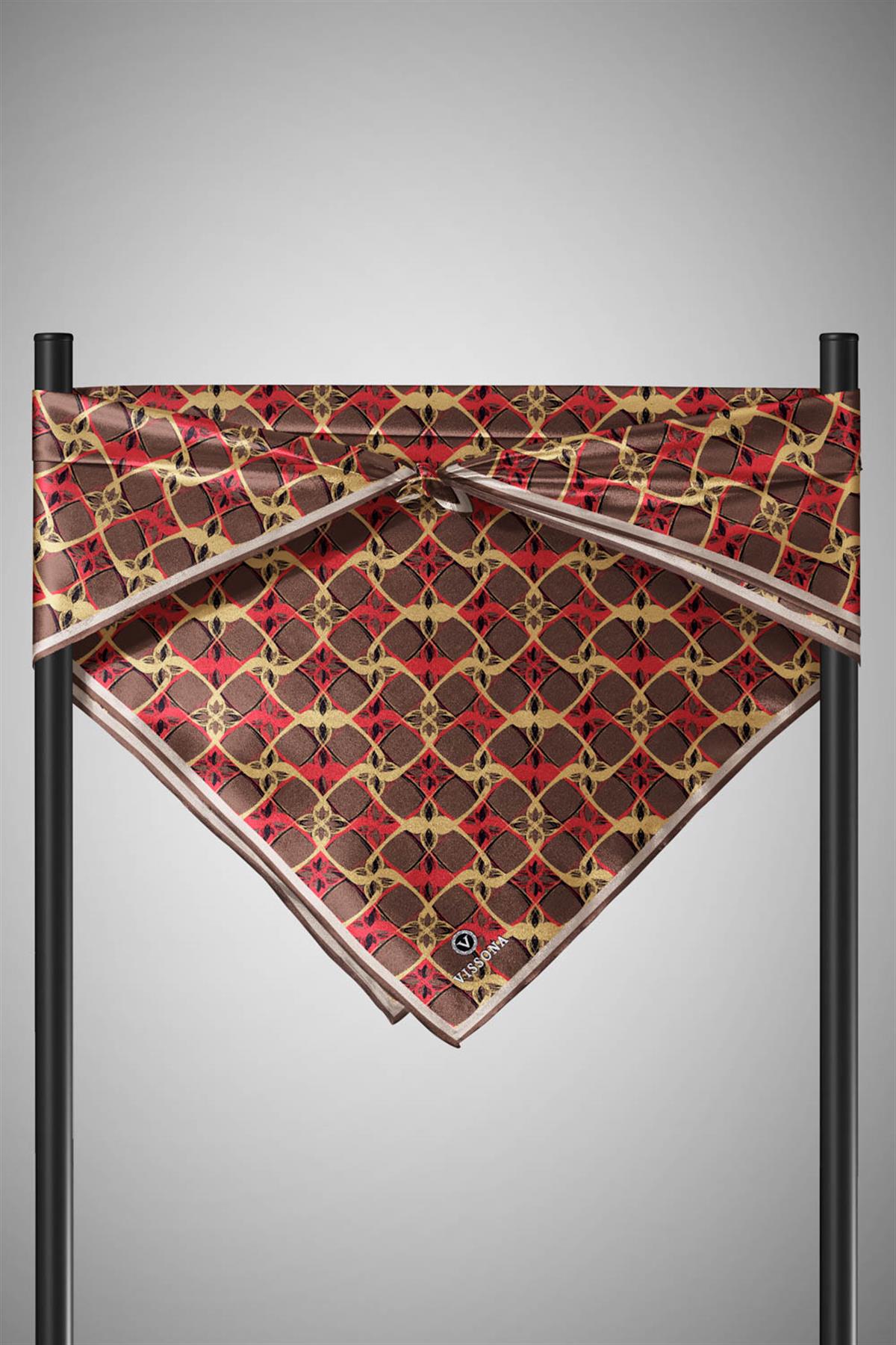 %100 Twill İpek Geometrik Desenli Kahverengi - Kırmızı Renkli 90x90 Eşarp Dikim Şekli : El Dikişi