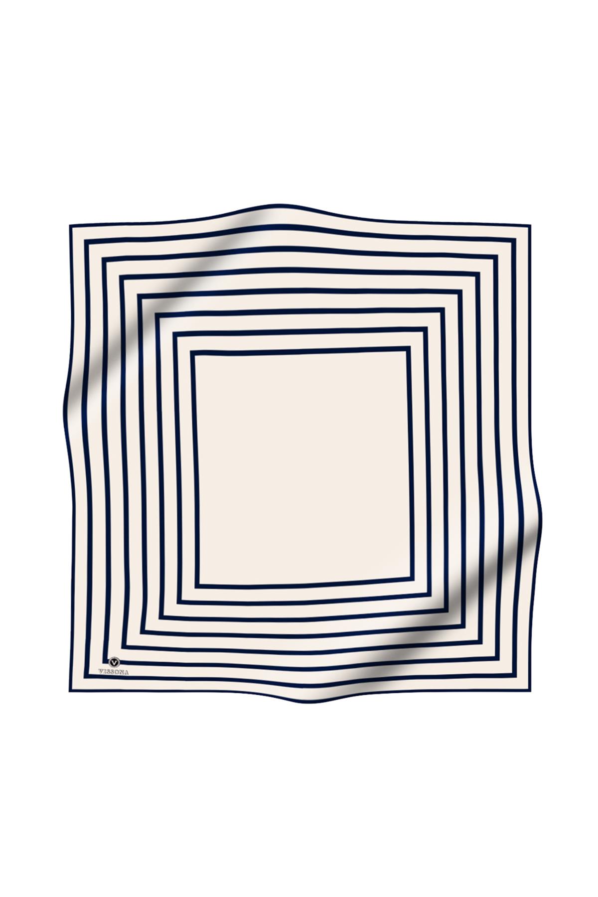 %100 Twill İpek Çizgili Desenli Krem -  Lacivert Renkli 90x90 Eşarp Dikim Şekli : El Dikişi