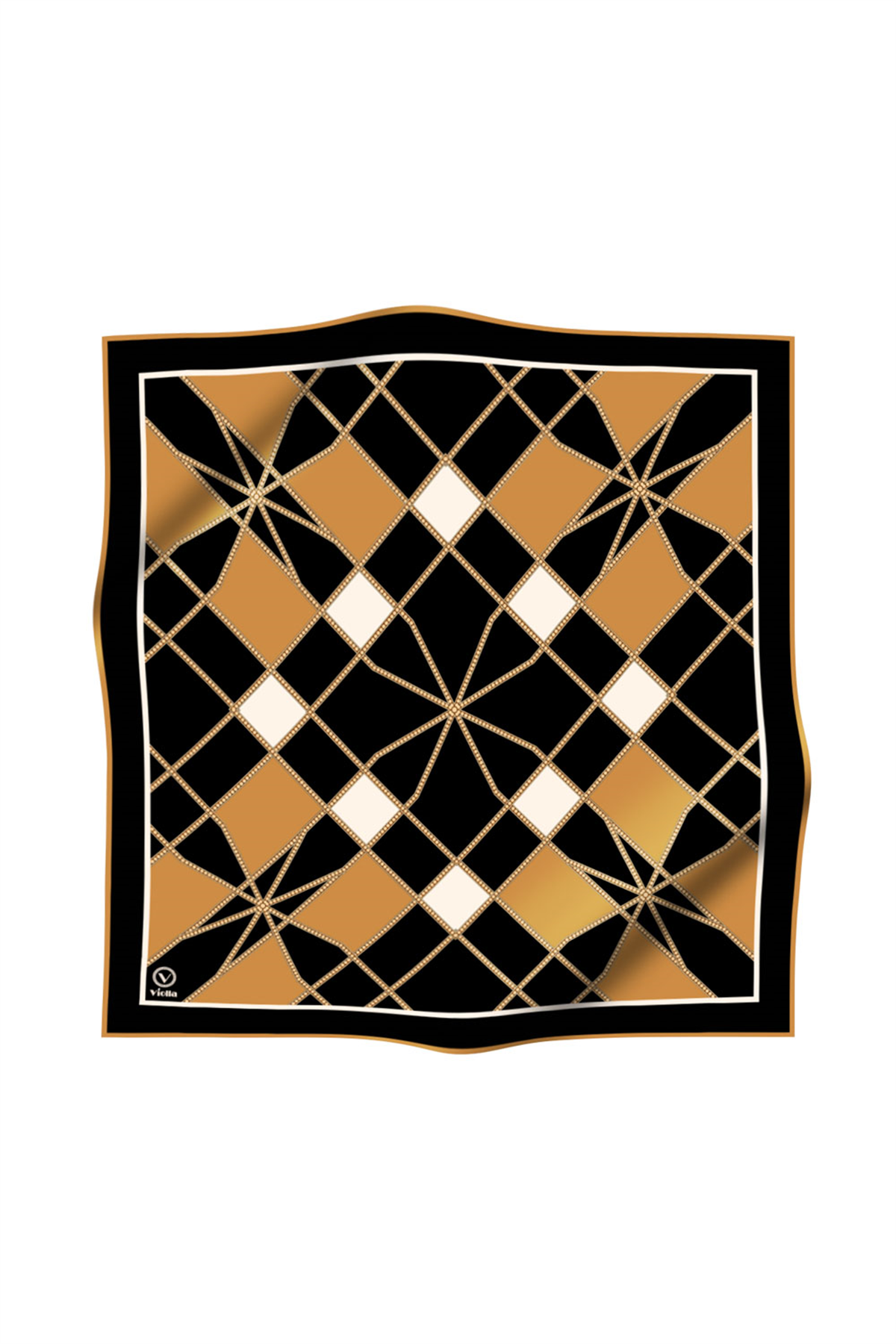 Twill Gold Detaylı Geometrik Çiçekli Desenli Hardal Renkli 90x90 Eşarp (İpek İçermez) Kenar Dikiş Şekli El Dikişli