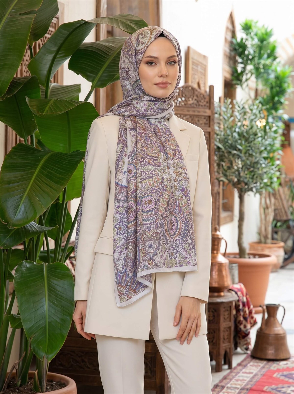 %100 Saf İpek Şal İnce Saten Vual Dokuma Etnik Desenli Gri - Taba Renkli 90x210 Şal