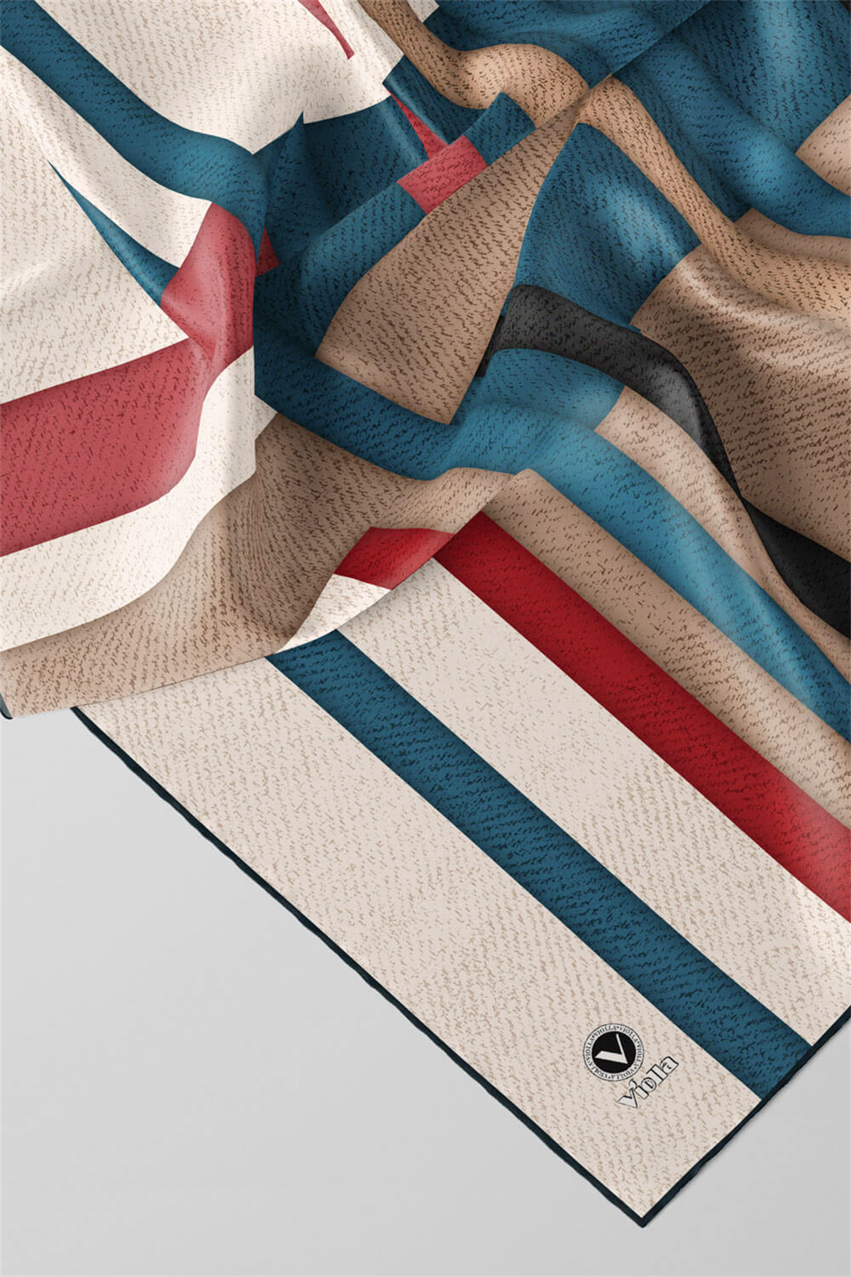 Twill Renkli Şerit Desenli Petrol Mavisi Renkli 90x90 Eşarp (İpek İçermez) Kenar Dikiş Şekli El Dikişli