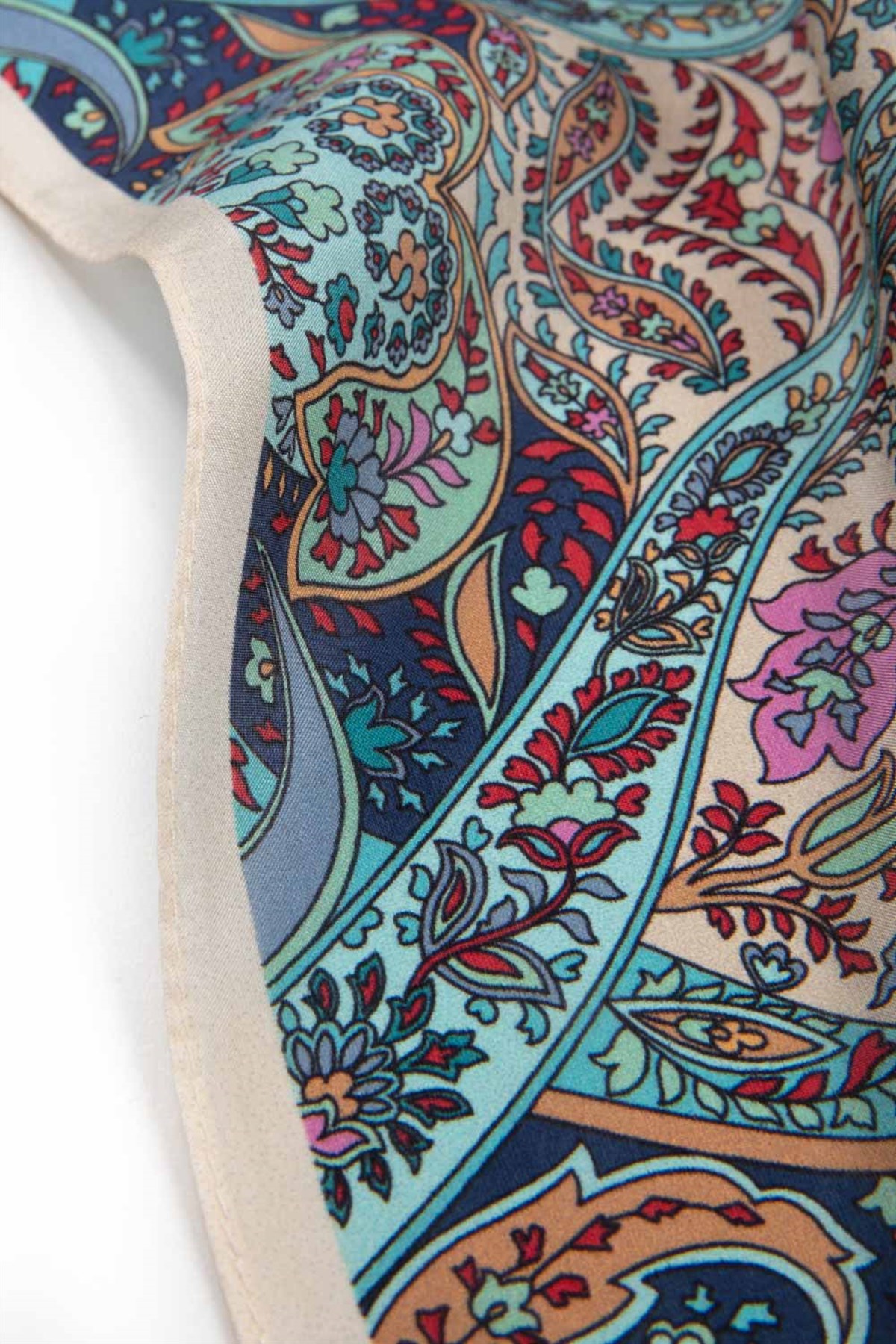 %100 İpek Etnik Desenli Krem - Mint Yeşili Renkli 92x210 Şal