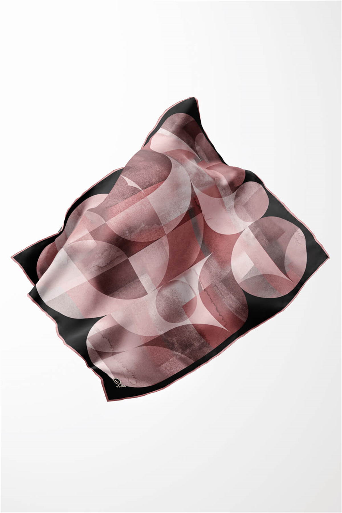 Twill Geometrik Desenli Pudra Renkli 90x90 Eşarp (İpek İçermez)Kenar Dikiş Şekli El Dikişli