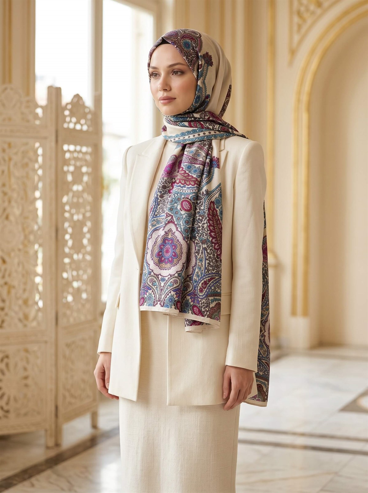 100% İpek Etro Desenli Krem - Mürdüm Renkli 92x210 Şal