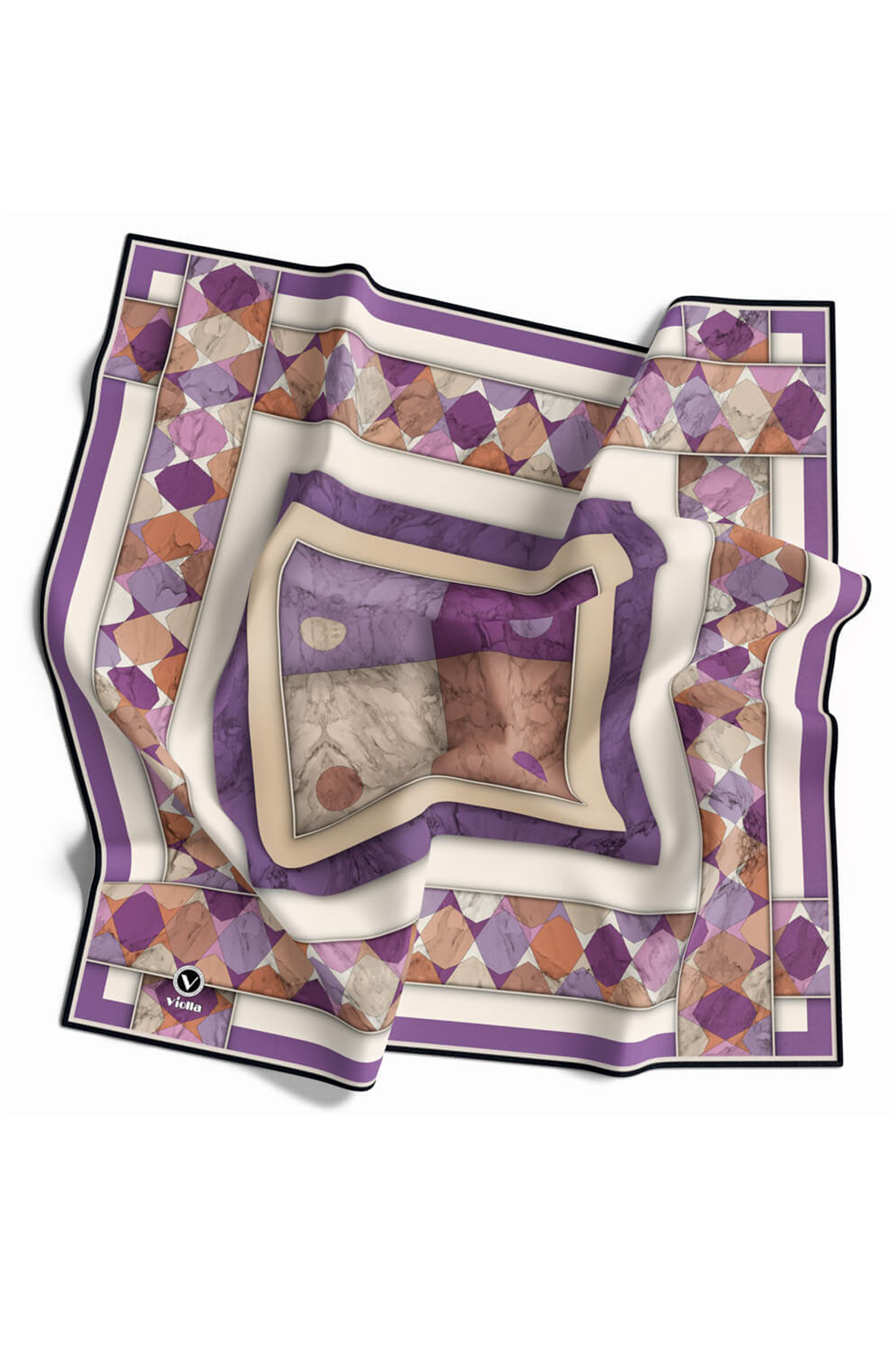 Twill Geometrik Mermer Desenli Lila Renkli 90x90 Eşarp (İpek İçermez) Kenar Dikiş Şekli El Dikişli