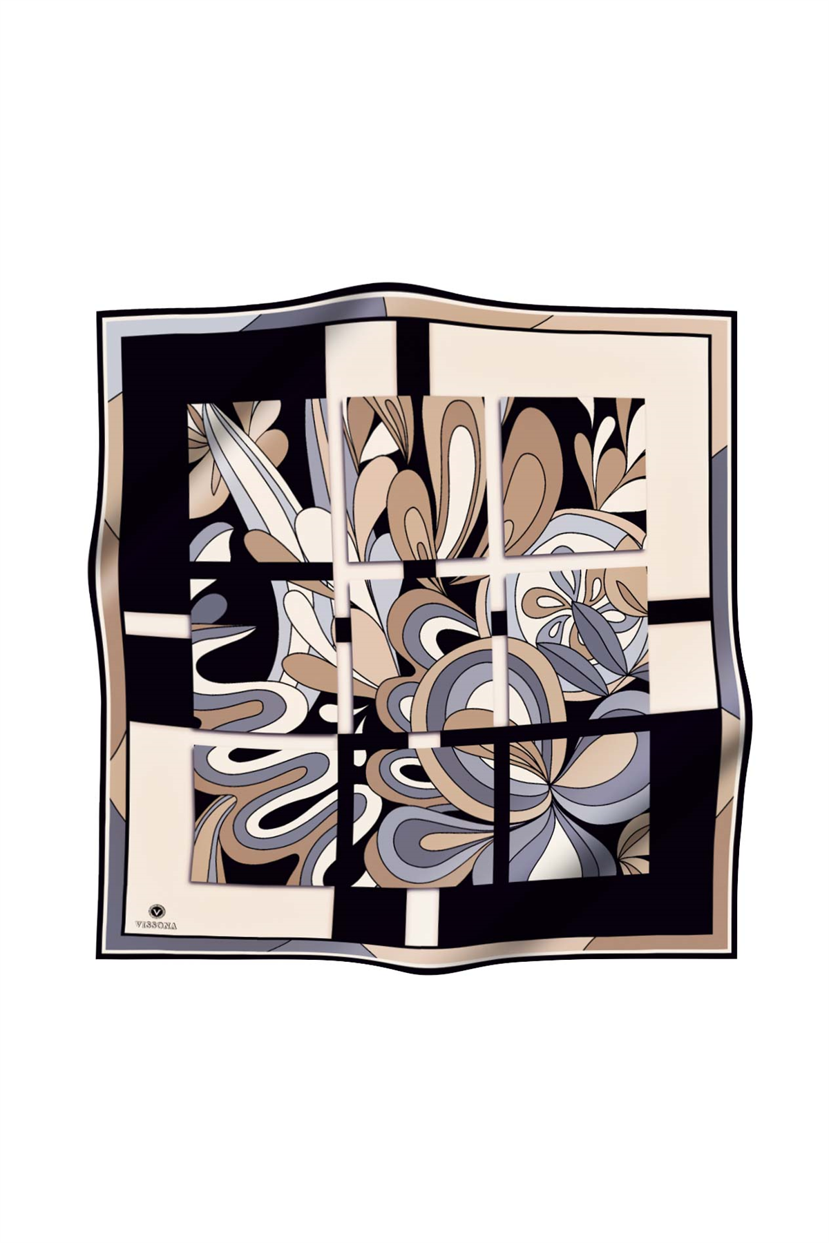 % 57 İPEK % 43 VİSKON Twill İpek Geometrik Desenli Bej - Gri Renkli 90x90 Dikim Şekli : El Dikişi Eşarp