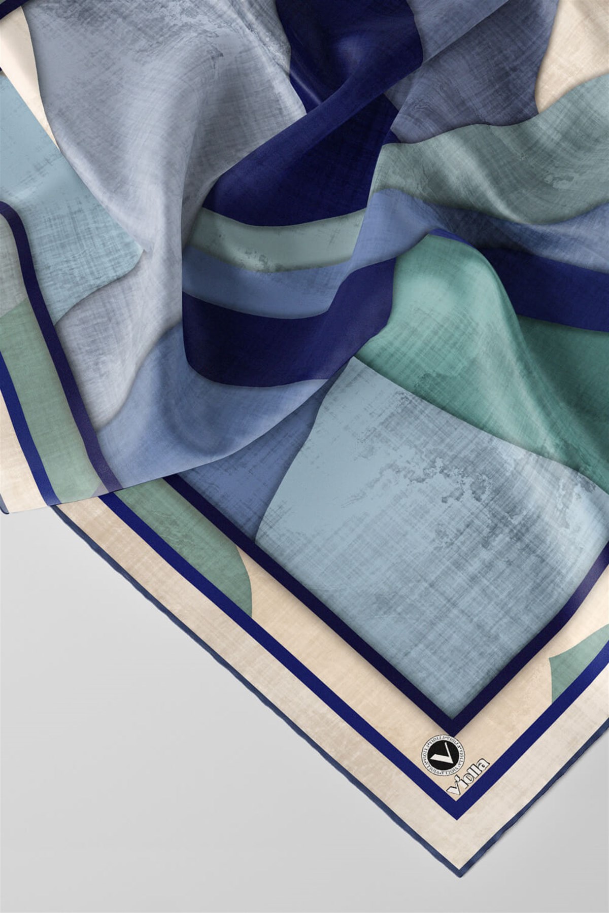 Twill Geometrik Desenli İndigo Renkli 90x90 Eşarp (İpek İçermez) Kenar Dikiş Şekli El Dikişli