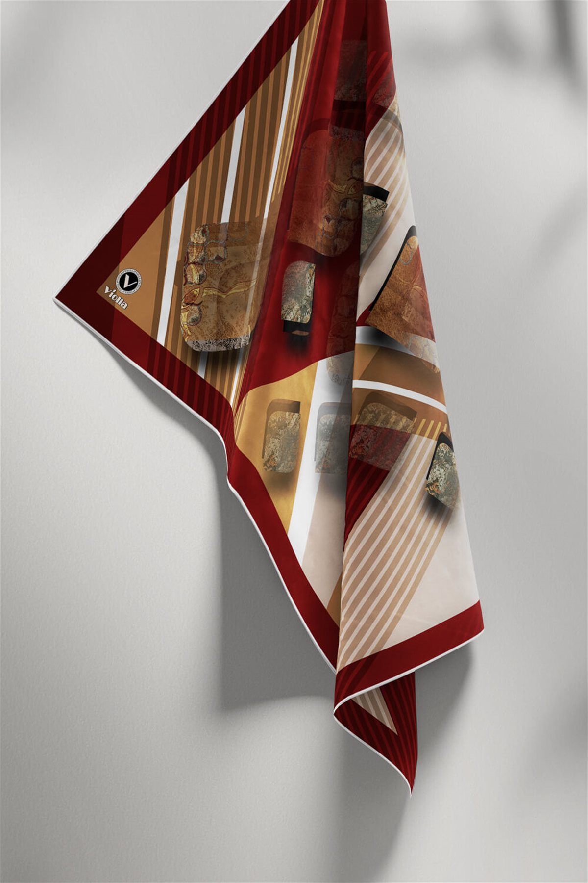 Twill Çizgili ve Geometrik Desenli Bordo Renkli 90x90 Eşarp (İpek İçermez) Kenar Dikiş Şekli El Dikişli