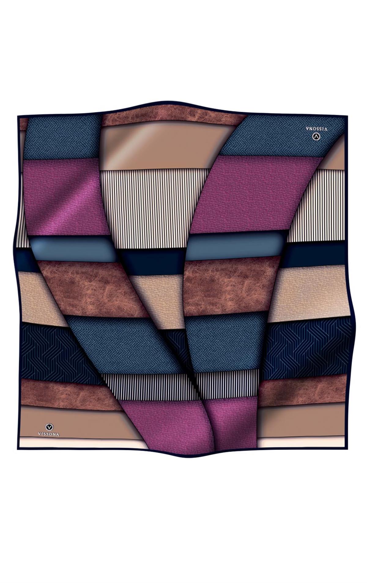 %100 Twill İpek Dokulu ve Geometrik Desenli Lacivert - Mürdüm Renkli 90x90 Eşarp Dikim Şekli : El Dikişi
