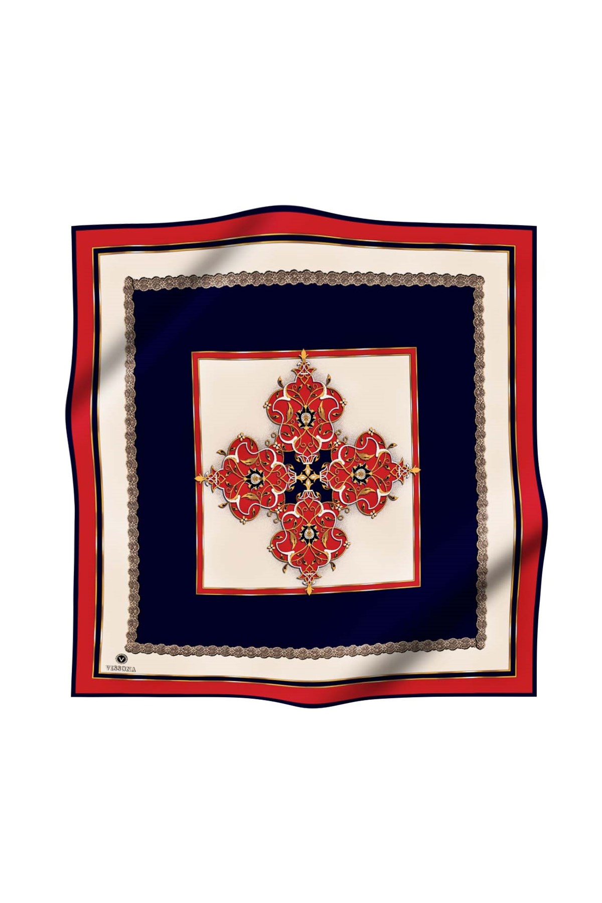 %100 Twill Barok Desenli Kırmızı - Lacivert Renkli 90x90 Eşarp Dikim Şekli: El Dikişi