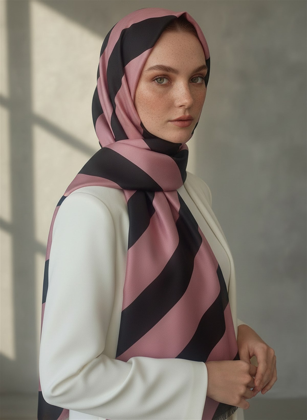 %100 Saf İpek Şal İnce Saten Vual Dokuma Çizgili Desenli Pudra - Siyah Renkli 90x210 Şal
