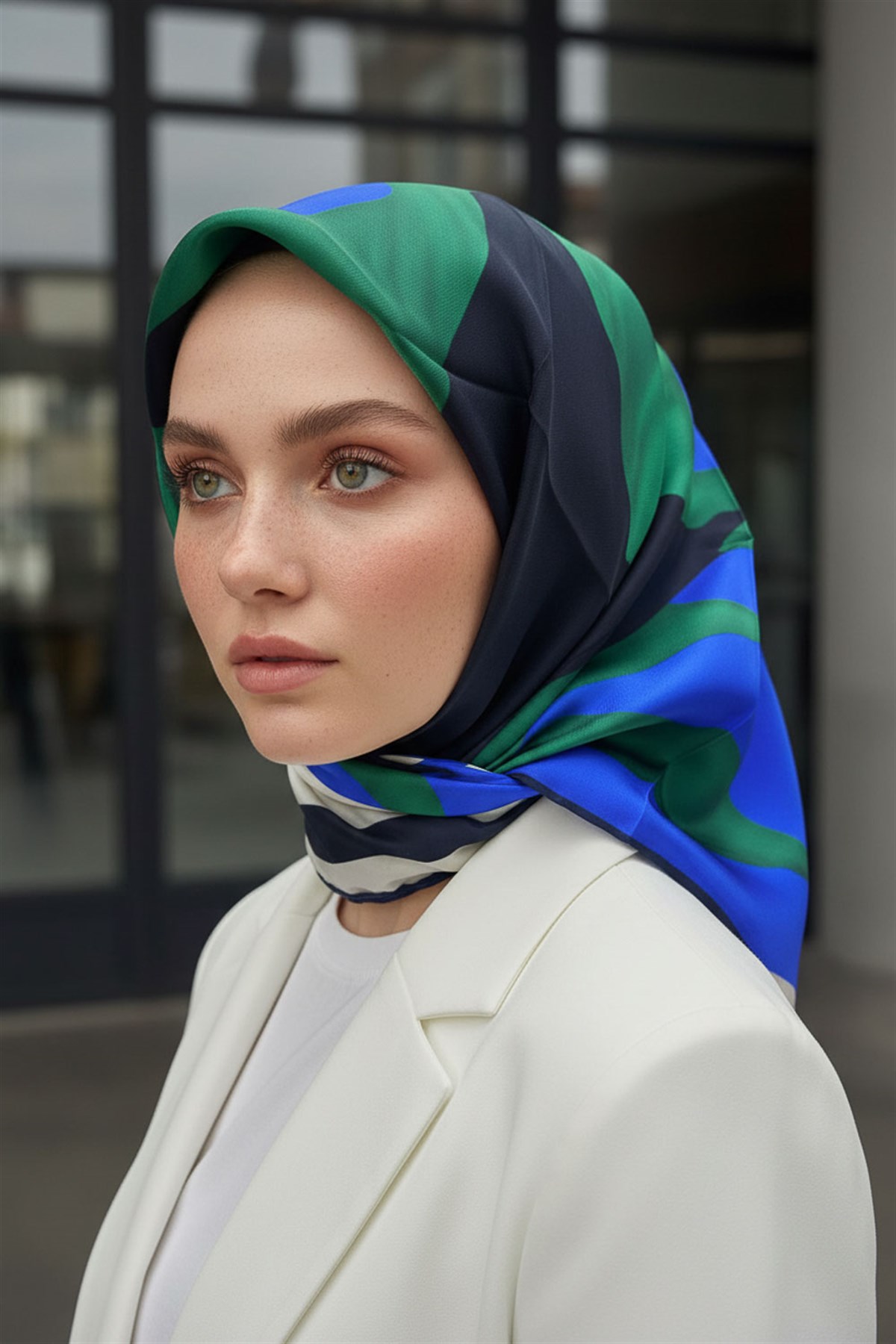 %100 Twill İpek Geometrik Desenli Lacivert - Çam Yeşili Renkli 90x90 Eşarp Dikim Şekli : El Dikişi