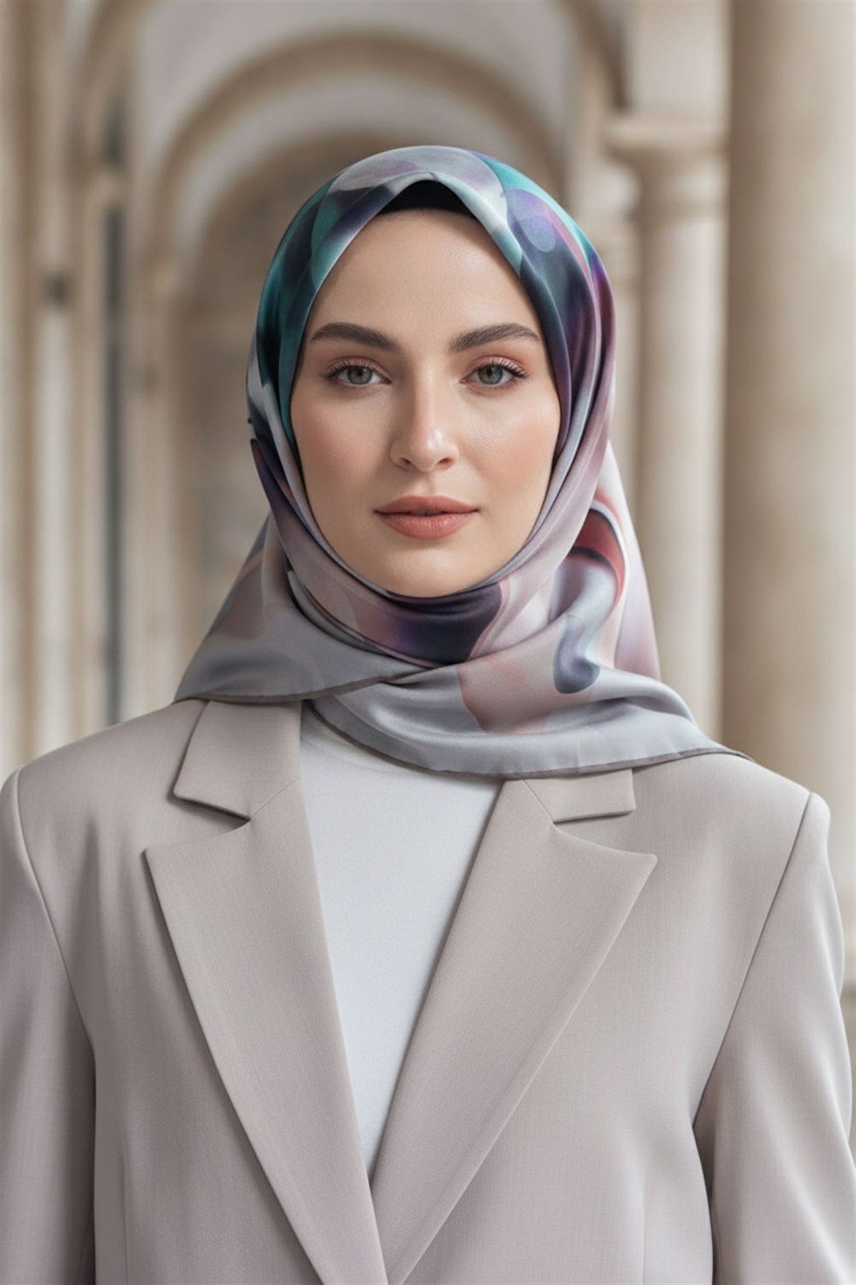 %100 Twill İpek Büyük Çiçek Desenli Gri - Somon Renkli 90x90 Eşarp Dikim Şekli : El Dikişi
