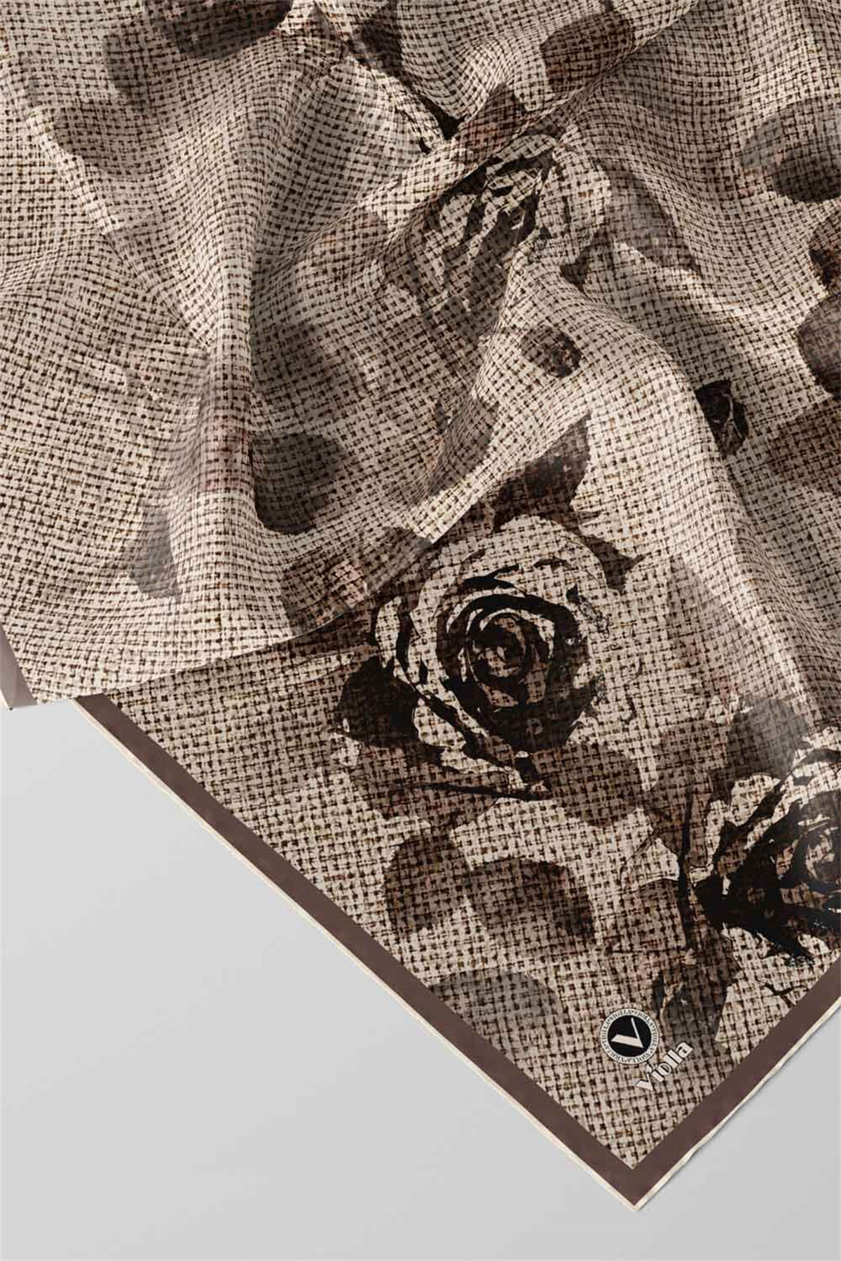Twill Gül Desenli Vizon Renkli 90x90 Eşarp (İpek İçermez) Kenar Dikiş Şekli El Dikişli