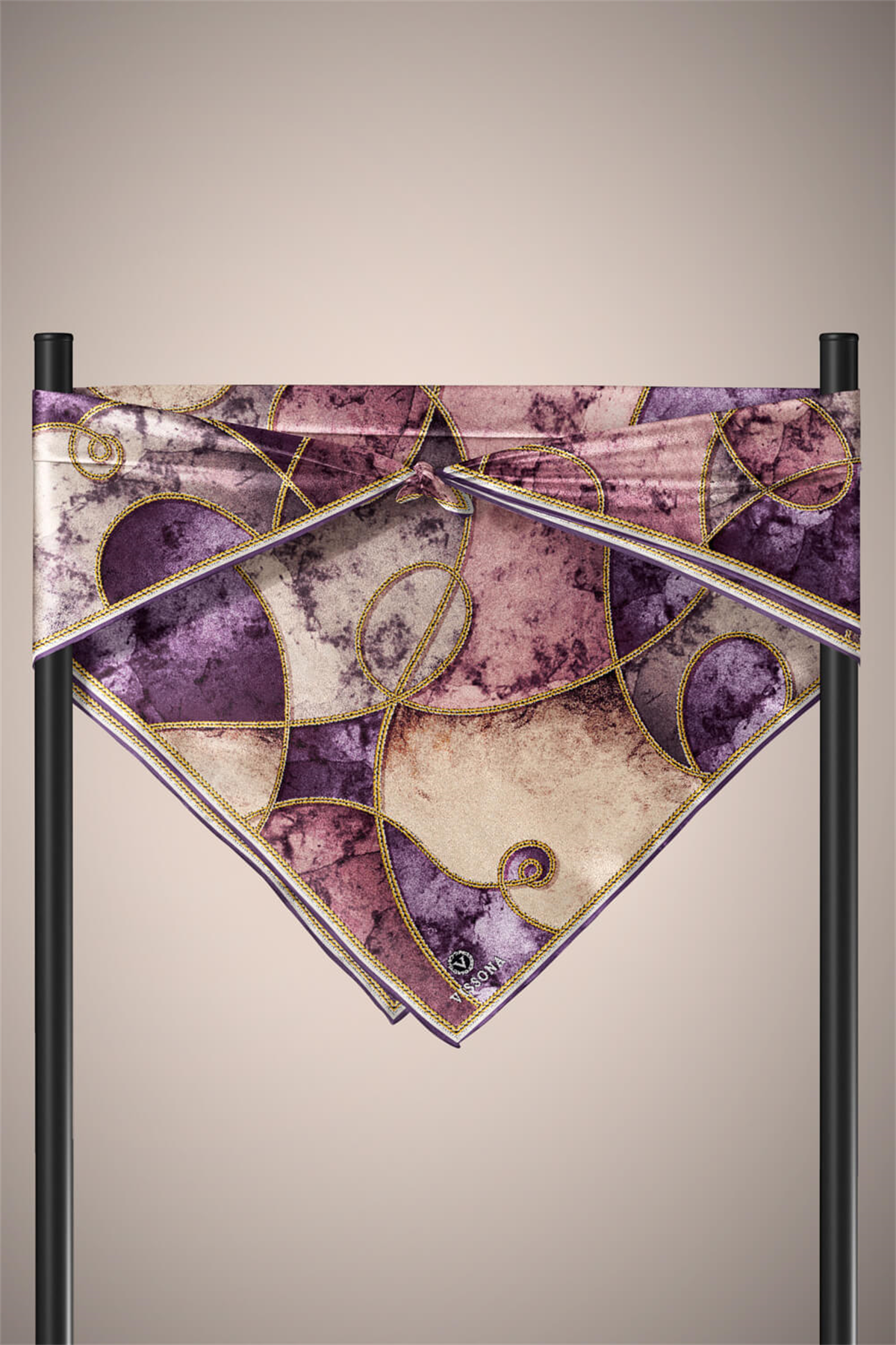 % 57 İPEK % 43 VİSKON Twill İpek Zincirli Mermer Desenli Mor - Pudra Renkli 90x90 Eşarp Dikim Şekli : El Dikişi