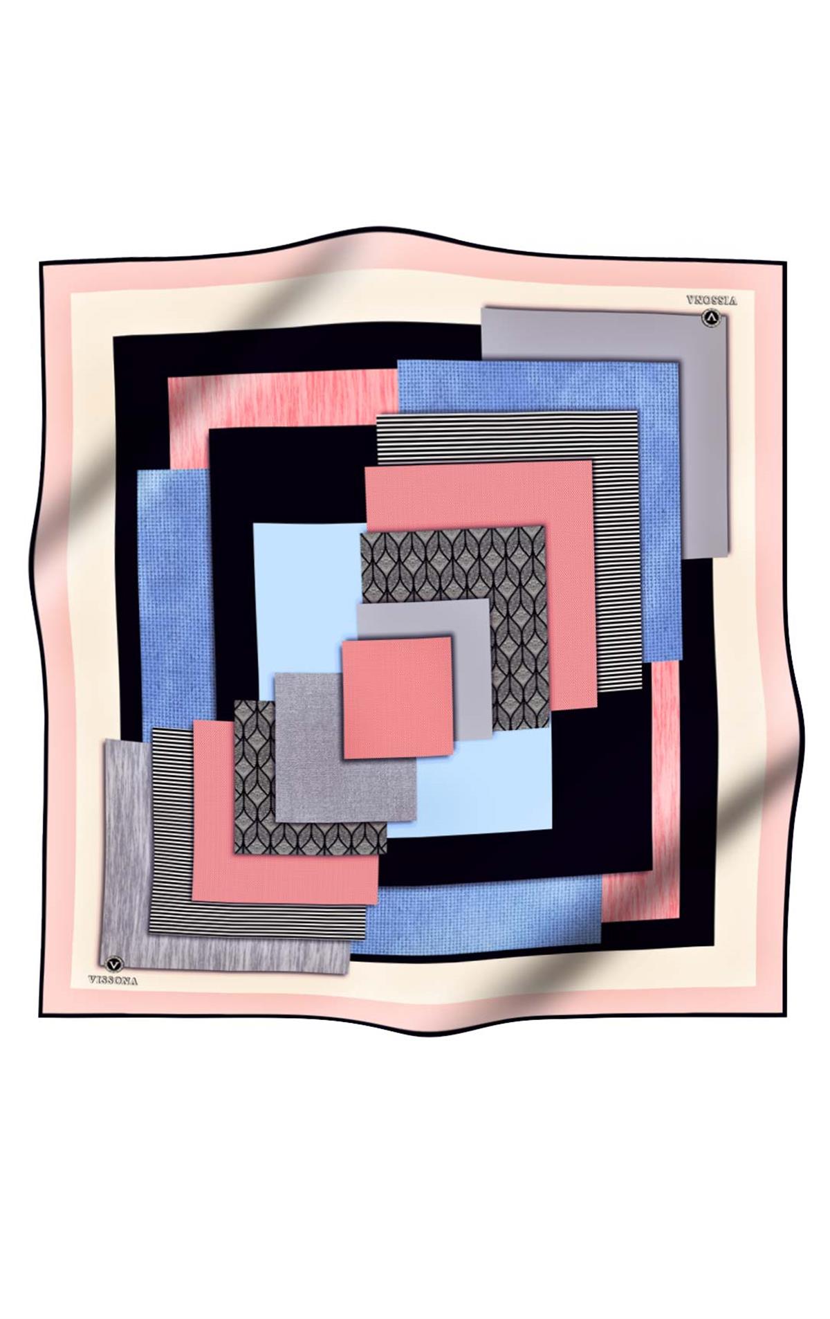 %100 Twill İpek Geometrik Desenli Bebe Mavisi - Pudra Renkli 90x90 Eşarp Dikim Şekli : El Dikişi