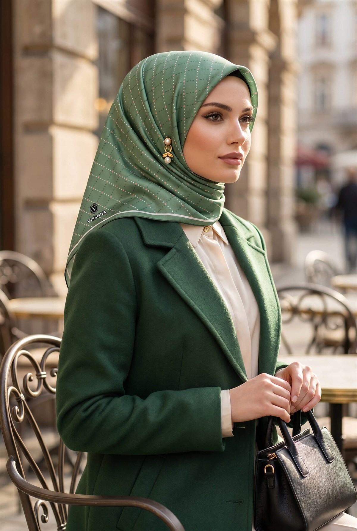 % 57 İPEK % 43 VİSKON Twill İpek Minik V Desenli Zümrüt Yeşili Renkli 90x90 Eşarp Dikim Şekli : El Dikişi