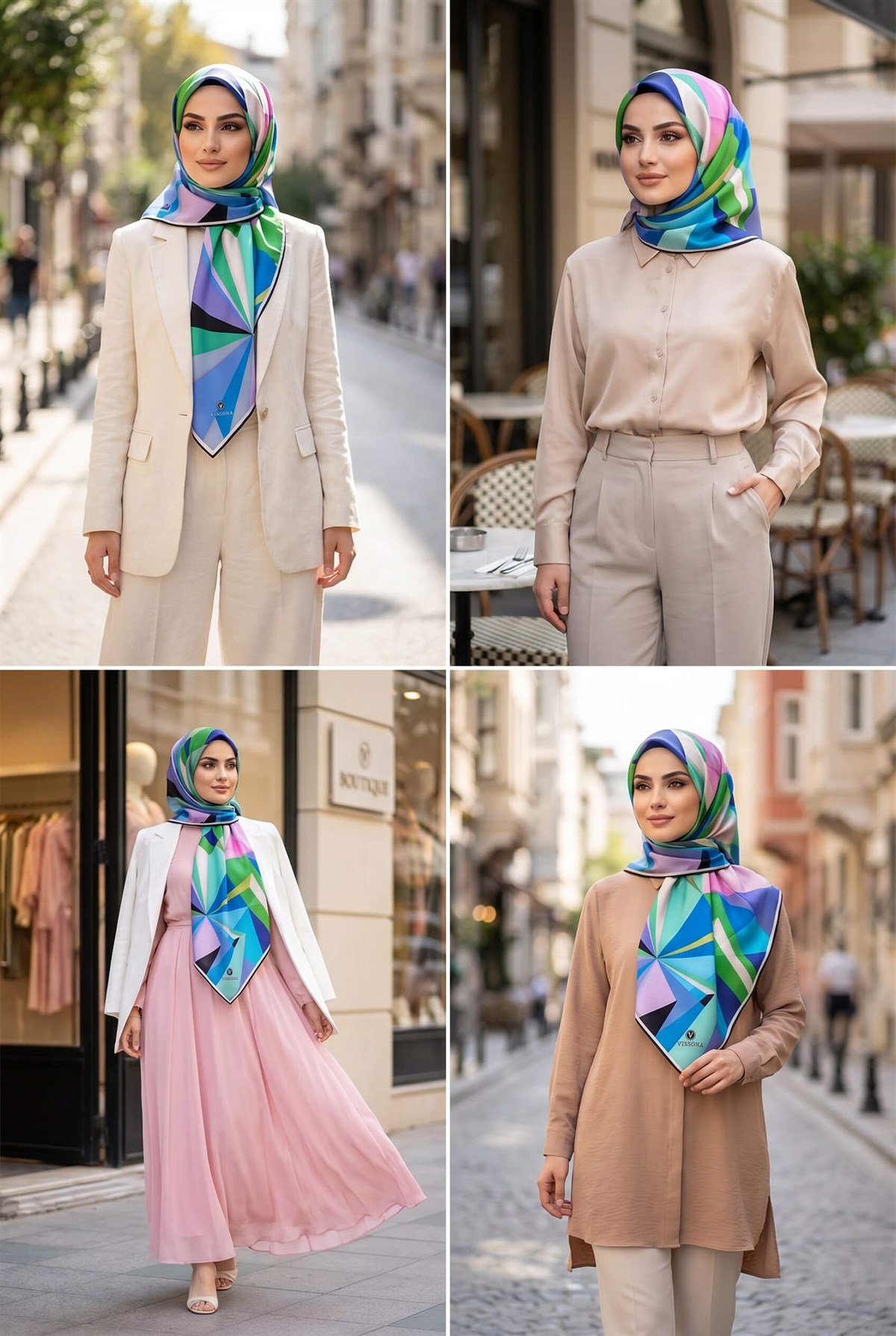 %100 Twill İpek Geometrik Desenli Zümrüt Yeşili - İndigo Renkli 90x90 Eşarp Dikim Şekli : El Dikişi