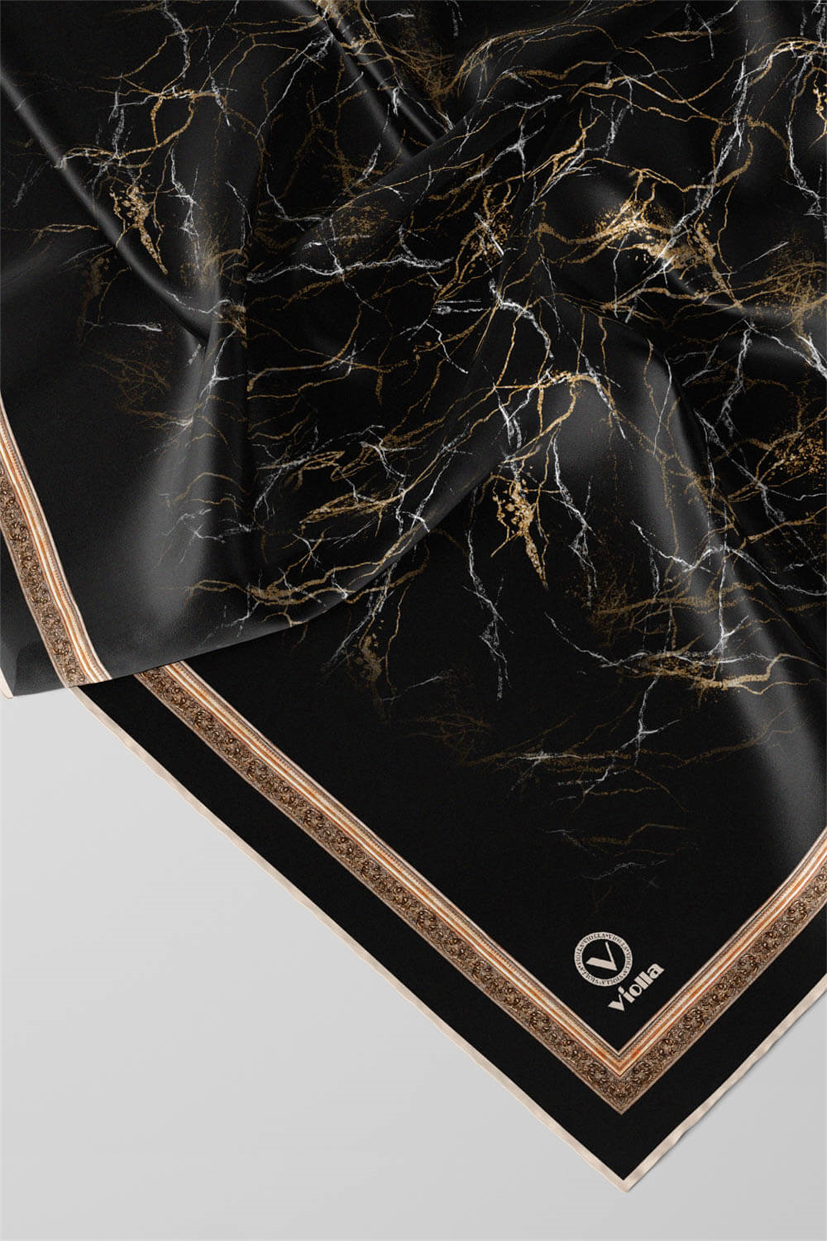 Twill Barok Çerçeveli Mermer Desenli Siyah Renkli 90x90 Eşarp (İpek İçermez) Kenar Dikiş Şekli El Dikişli
