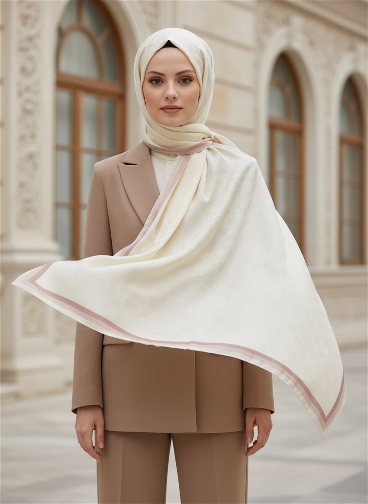 %57 İpek %43 Pamuk Monagram Dokumalı Krem-Pudra Renkli 70X190 Yumuşak Dökümlü Şal
