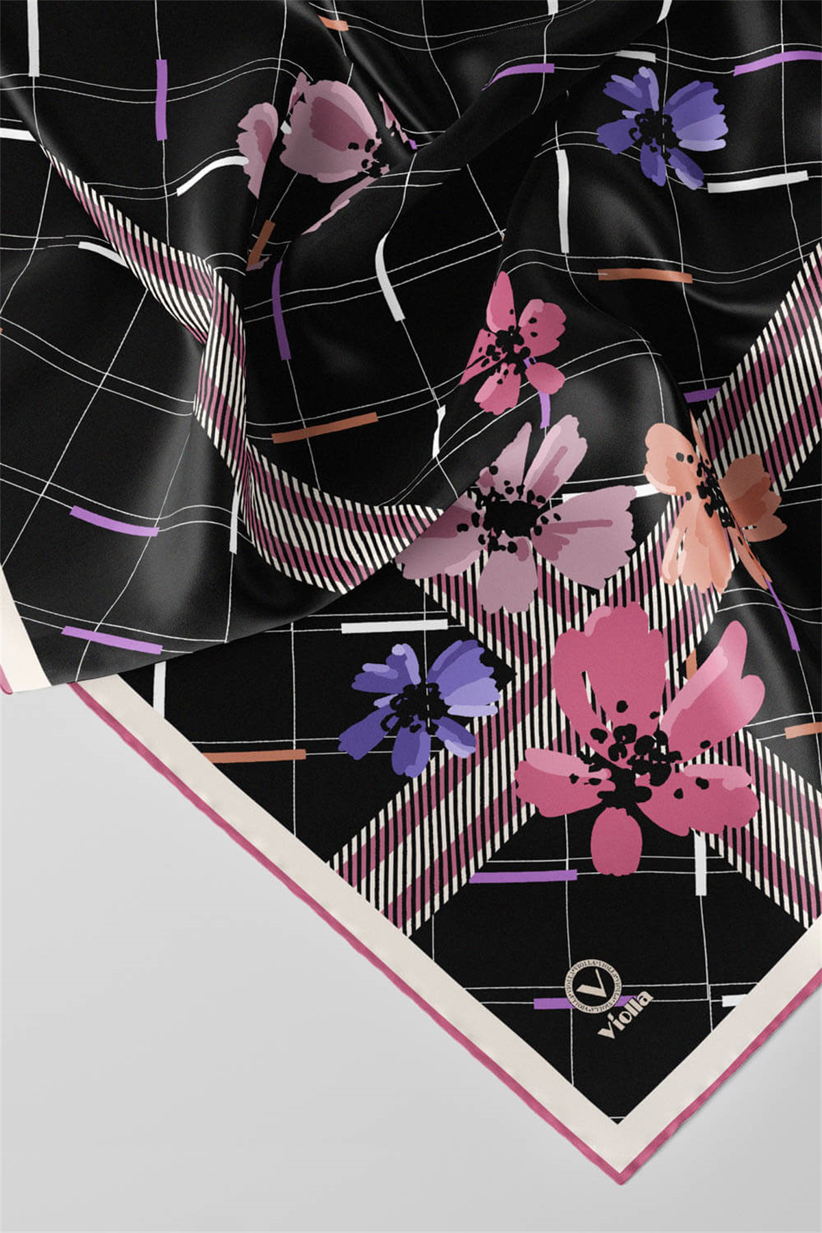 Twill Papatya Desenli Pembe Renkli 90x90 Eşarp (İpek İçermez) Kenar Dikiş Şekli El Dikişli