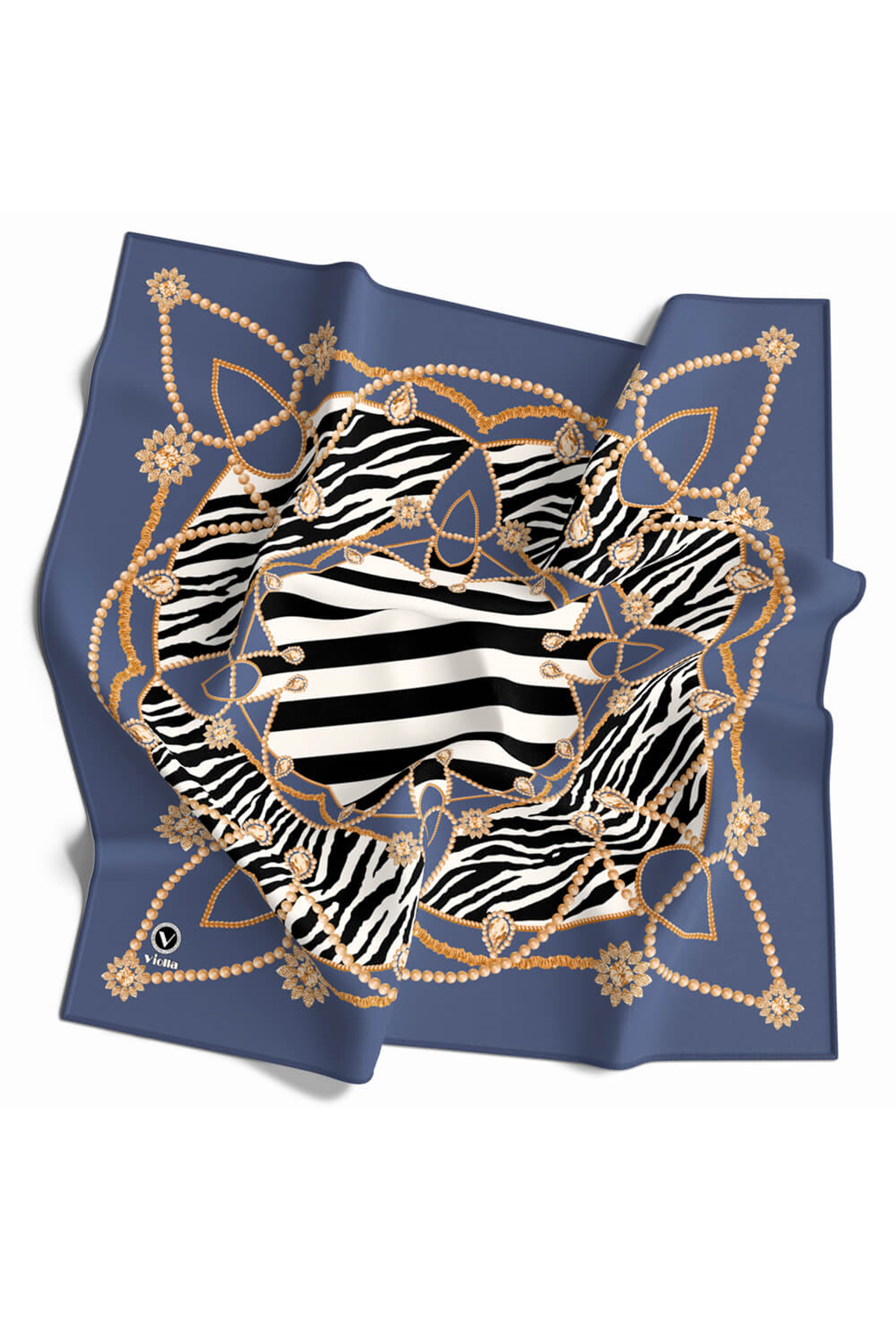 Twill Gold Detaylı Zebra Desenli İndigo Renkli 90x90 Eşarp (İpek İçermez) Kenar Dikiş Şekli El Dikişli