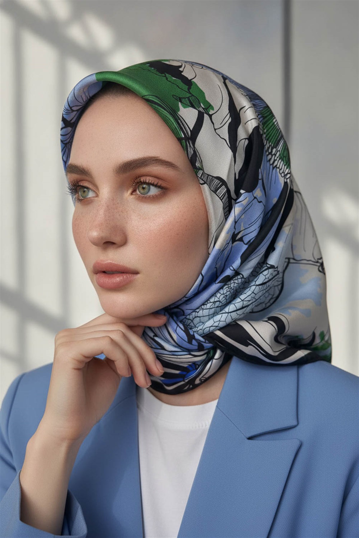 %100 Twill İpek Yaprak Desenli Saks - Zümrüt Yeşili Renkli 90x90 Eşarp Dikim Şekli : El Dikişi