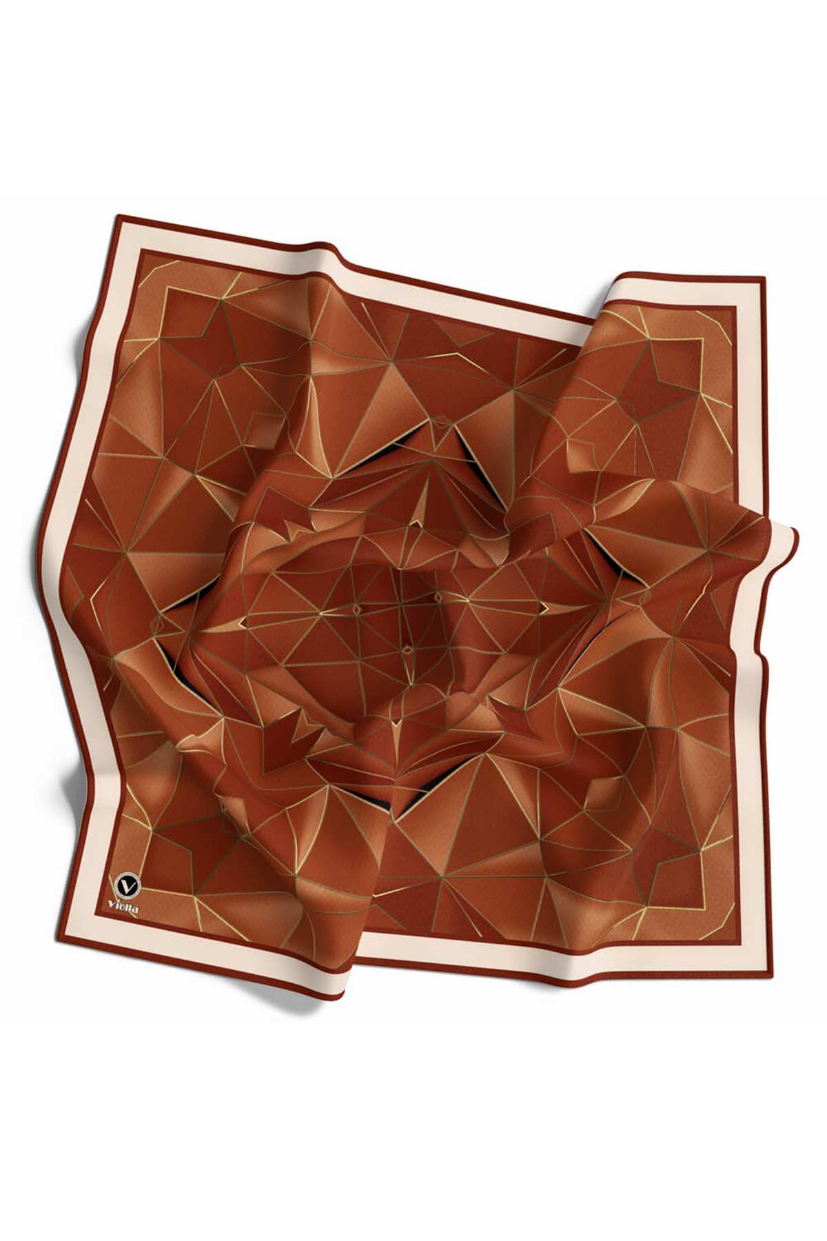 Twill Geometrik Desenli Taba Renkli 90x90 Eşarp (İpek İçermez) Kenar Dikiş Şekli El Dikişli