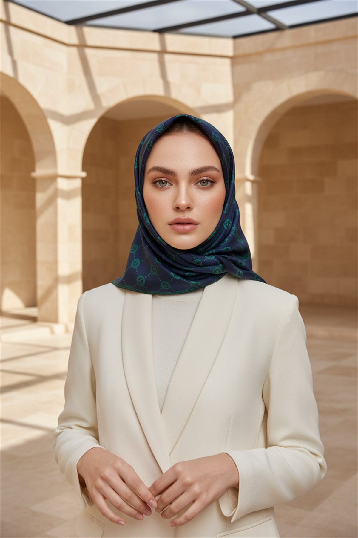 %100 Twill İpek Zincirli Ve Monogram Desenli Lacivert - Zümrüt Yeşili Renkli 90x90 Eşarp Dikim Şekli : El Dikişi
