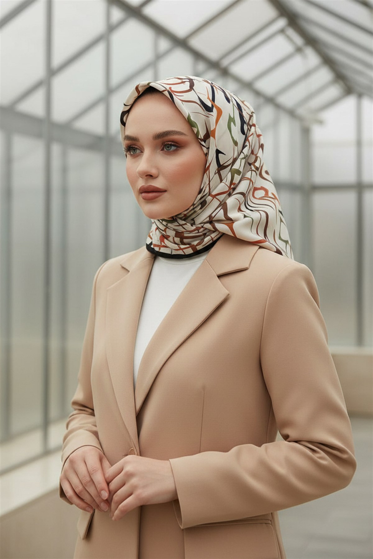 %100 Twill İpek Soyut Geometrik Desenli Taba - Haki Renkli 90x90 Eşarp Dikim Şekli : El Dikişi