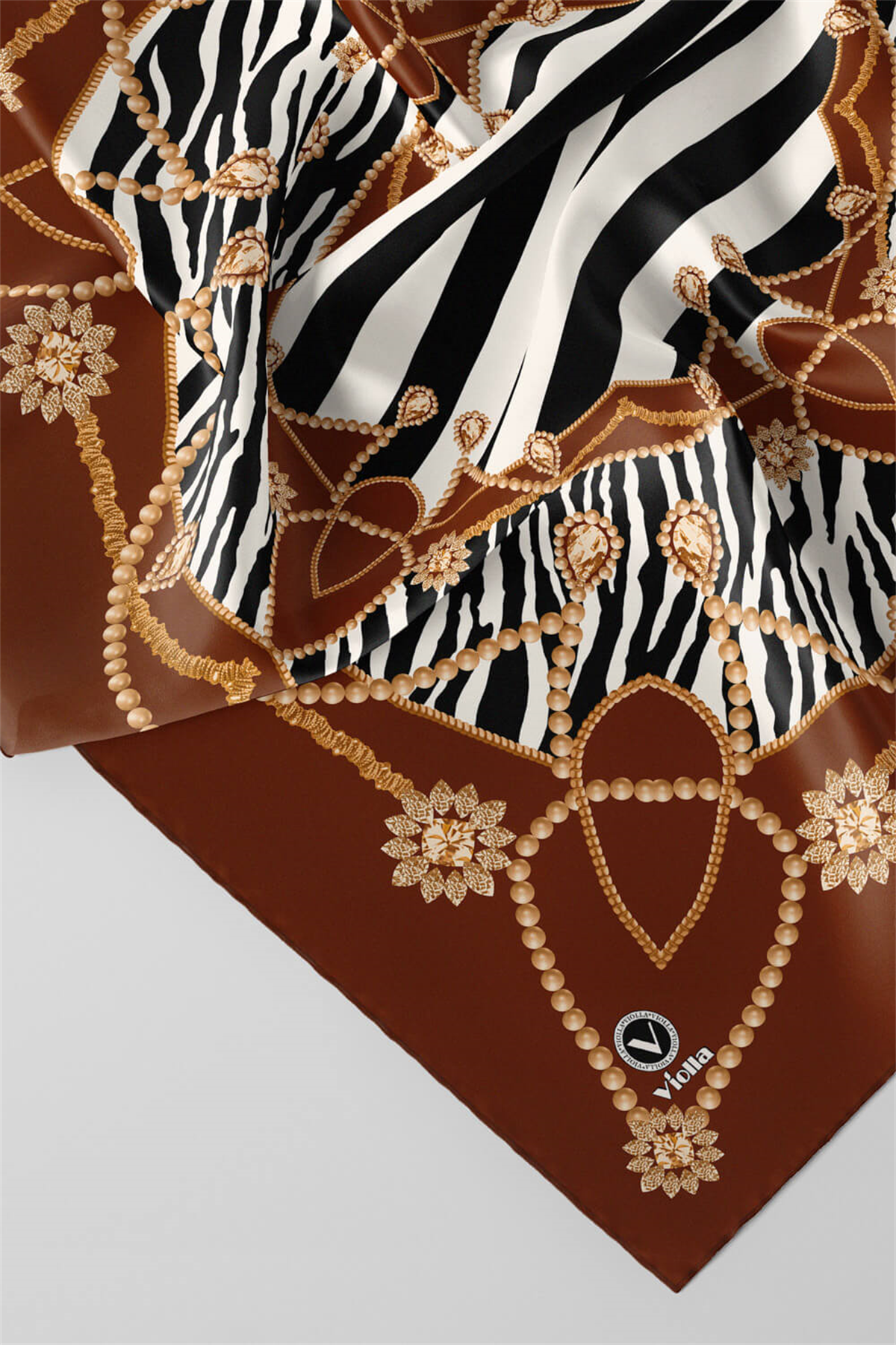 Twill Gold Detaylı Zebra Desenli Taba Renkli 90x90 Eşarp (İpek İçermez) Kenar Dikiş Şekli El Dikişli