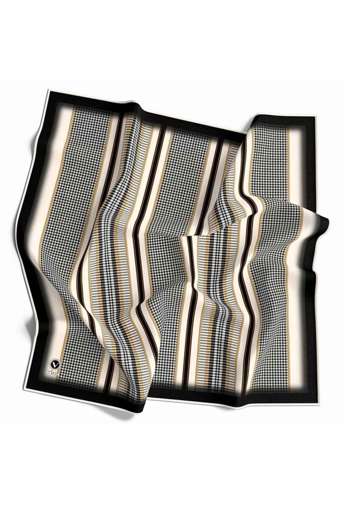 Twill Kazayaklı Şerit Desenli Siyah Renkli 90x90 Eşarp (İpek İçermez) Kenar Dikiş Şekli El Dikişli