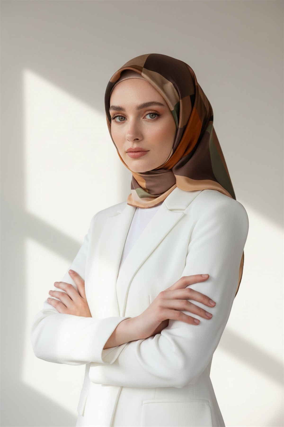 %100 Twill İpek Geometrik Desenli Bej - Haki Renkli 90x90 Eşarp Dikim Şekli : El Dikişi