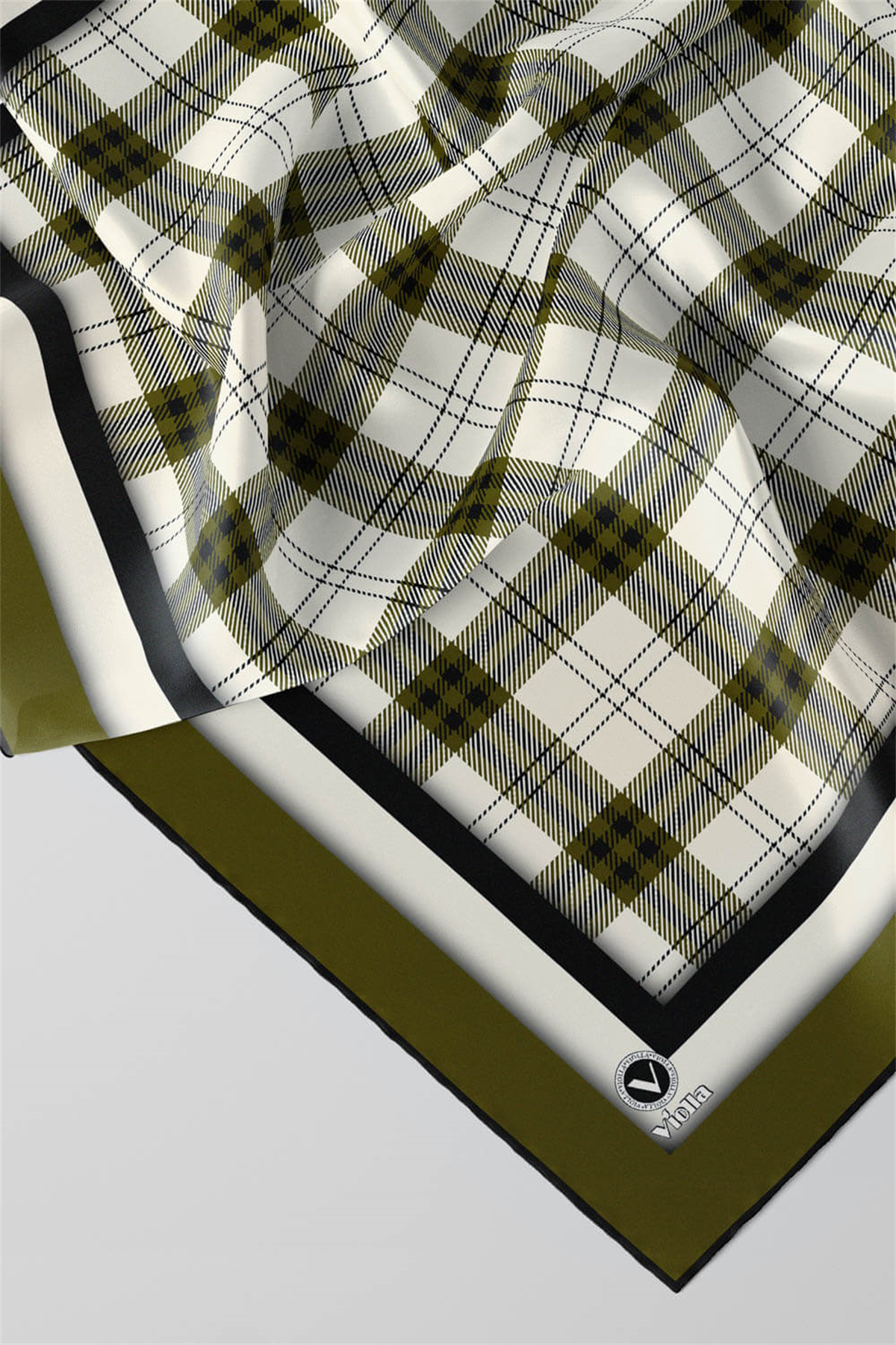 Twill Ekose Desenli Haki Renkli 90x90 Eşarp (İpek İçermez) Kenar Dikiş Şekli El Dikişli