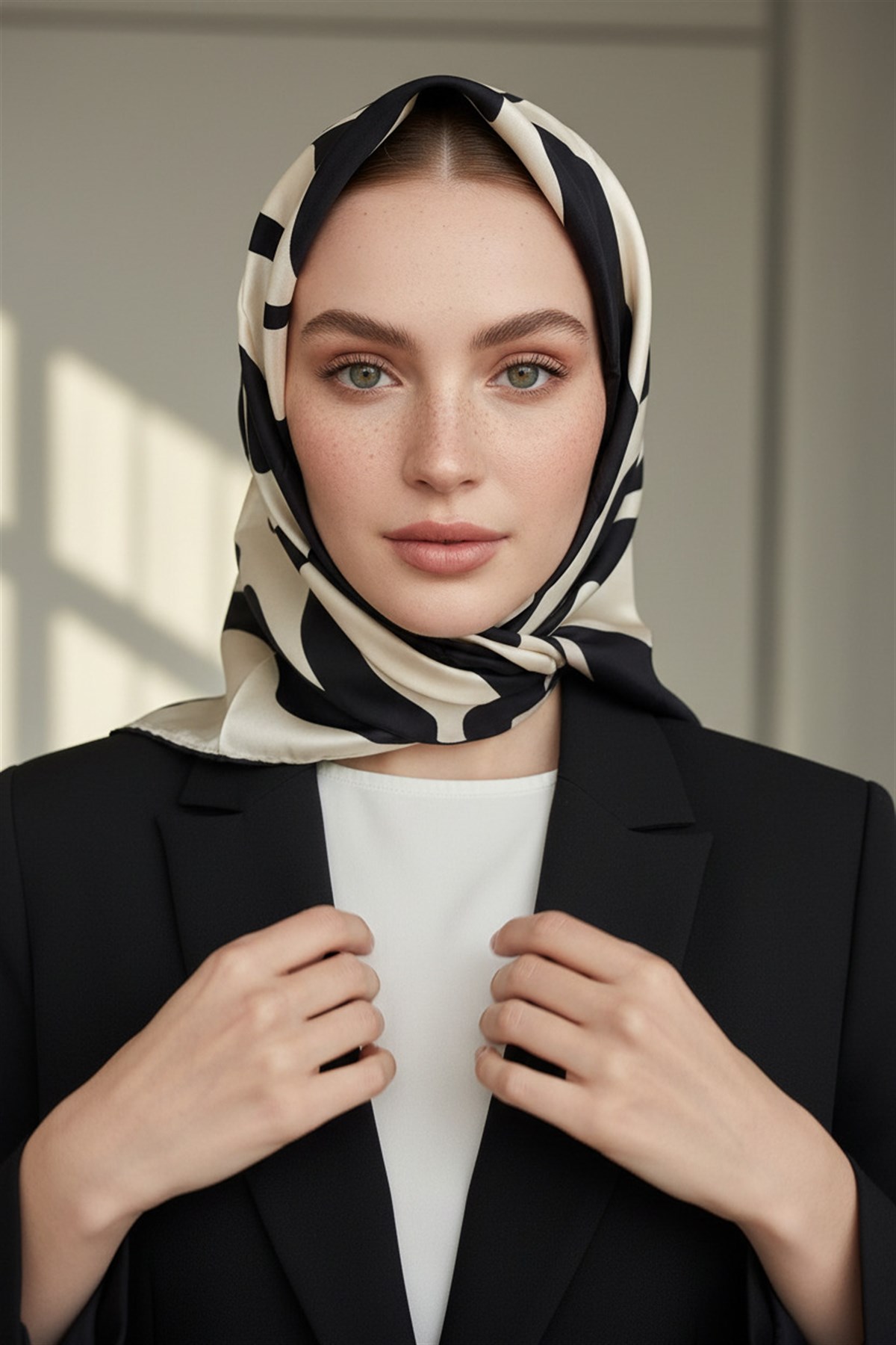 100% Twill İpek Dalga Desenli Siyah - Krem Renkli 90x90 Dikim Şekli : El Dikişi Eşarp