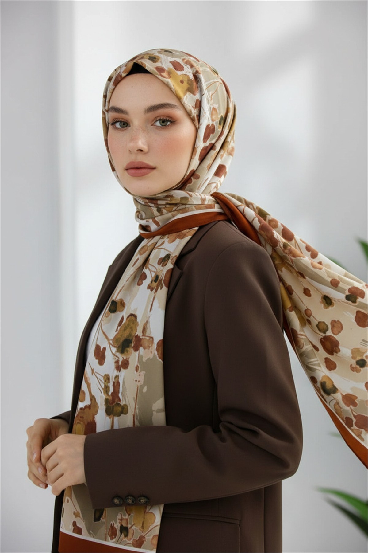 KREP BAHAR DALI DESENLİ TABA RENKLİ 75X195 KIRIŞMAZ ŞAL