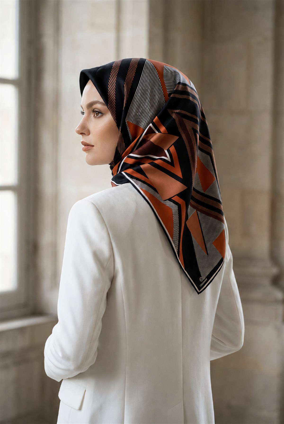 % 57 İPEK % 43 VİSKON Twill İpek Geometrik Desenli Taba - Siyah Renkli 90x90 Eşarp Dikim Şekli : El Dikişi