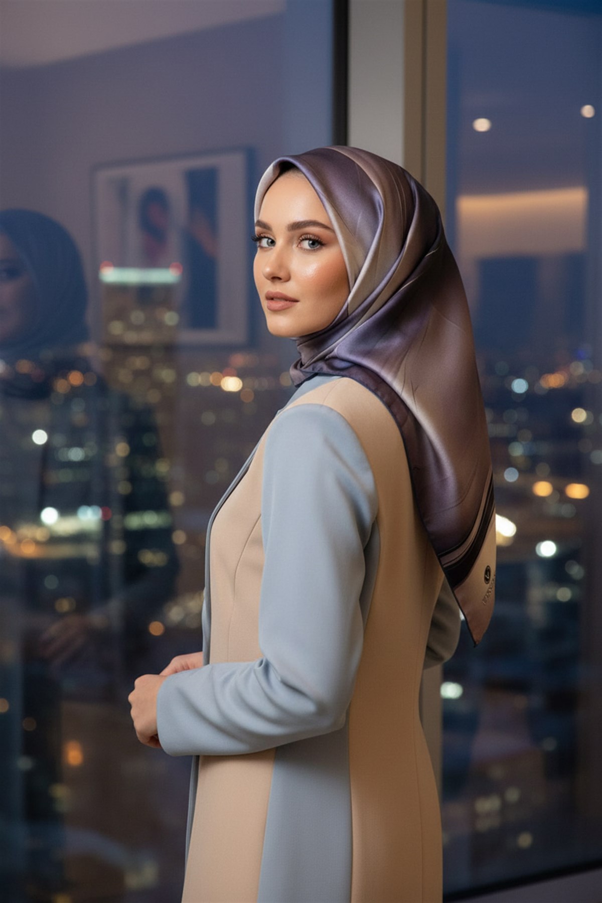 %100 Twill İpek Degrade Duman Lacivert Renkli 90x90 Eşarp Dikim Şekli : El Dikişi